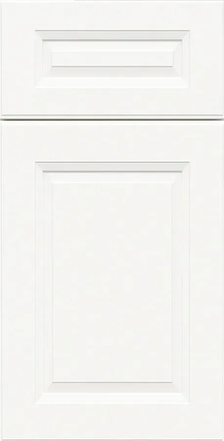 Antique-white raised-panel cabinet door with a cathedral drawer front