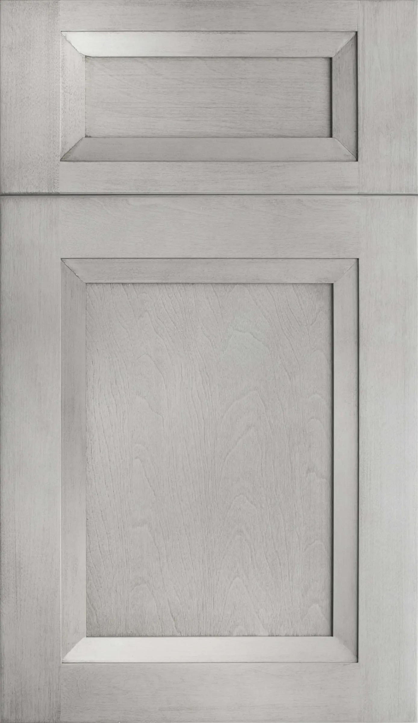 Greige / ash-toned beveled double-shaker door and drawer with wood grain