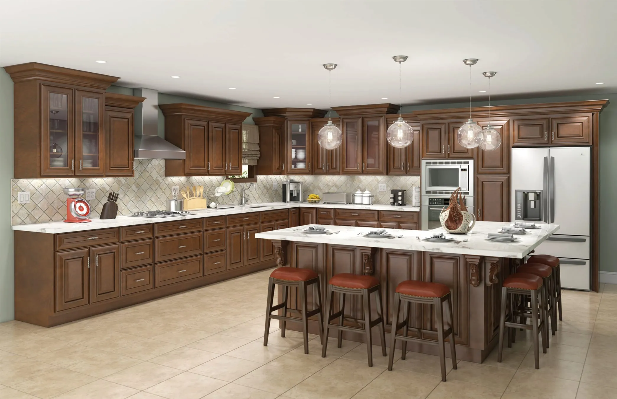 Coffee raised-panel kitchen with a large island, bar stools, and a mosaic backsplash