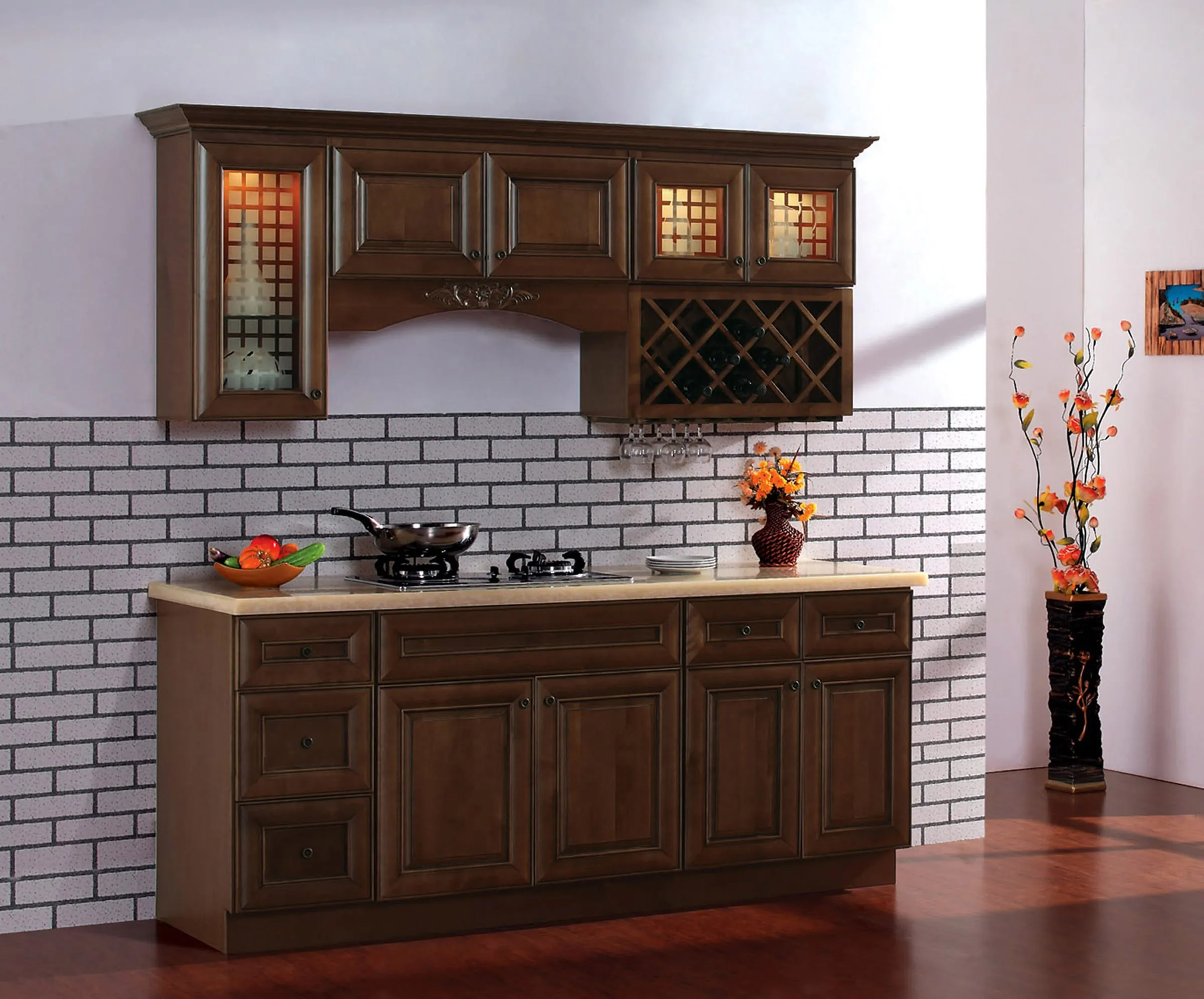 Coffee raised-panel wall run with a wine lattice, glass-front uppers, and white brick backsplash