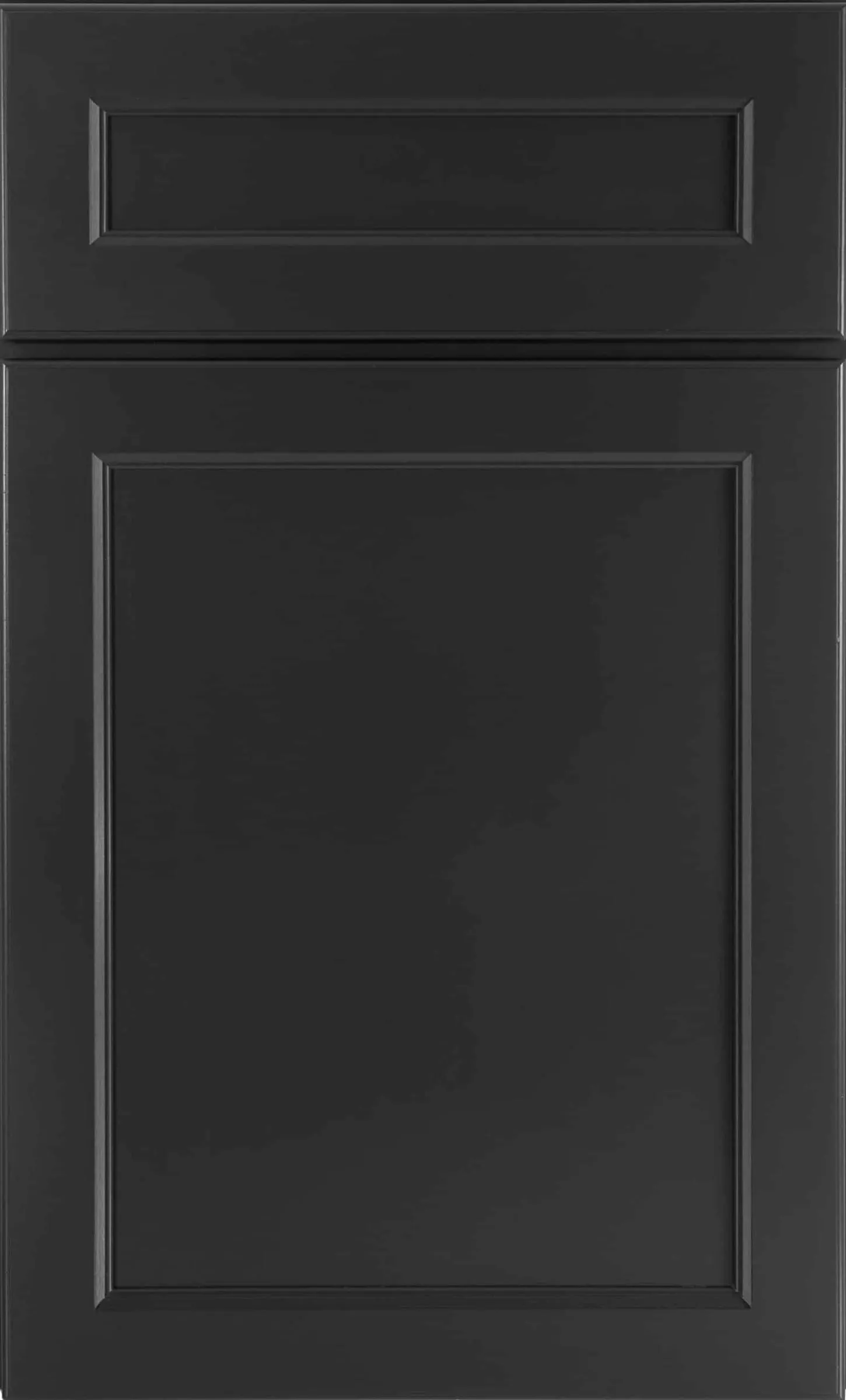 Charcoal near-black painted door with a recessed center panel and stepped inner frame