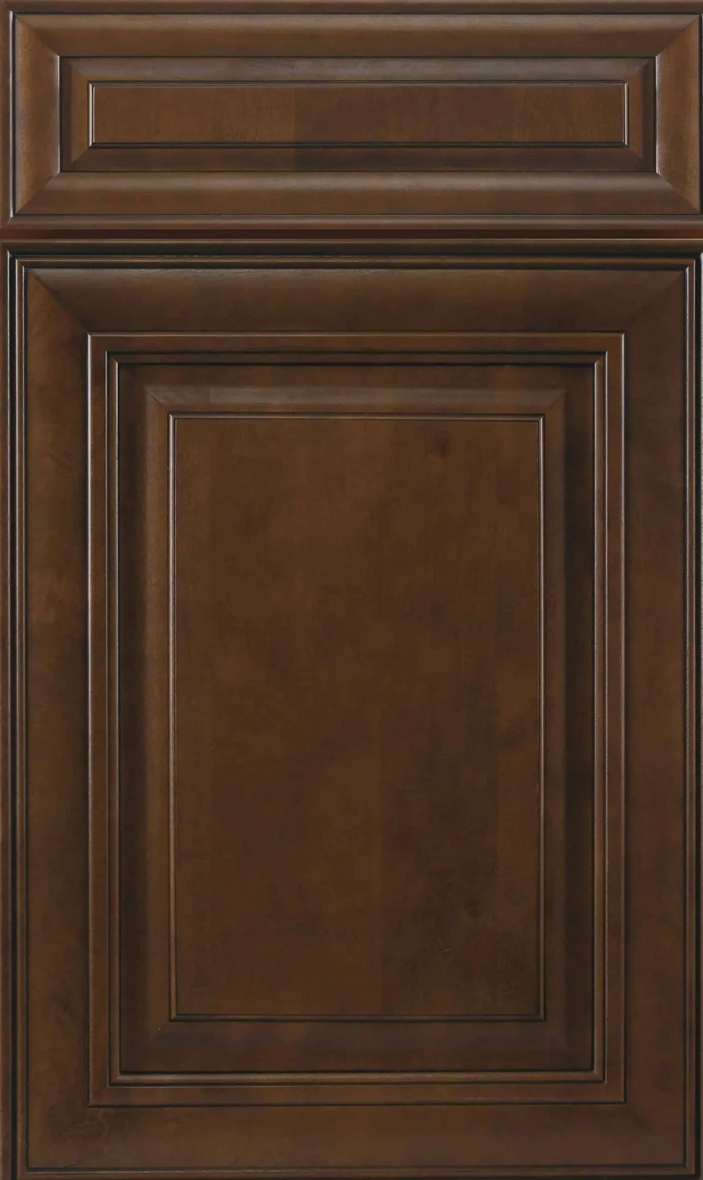 Rich chocolate-brown stained raised-panel door with dark glaze in the profiles