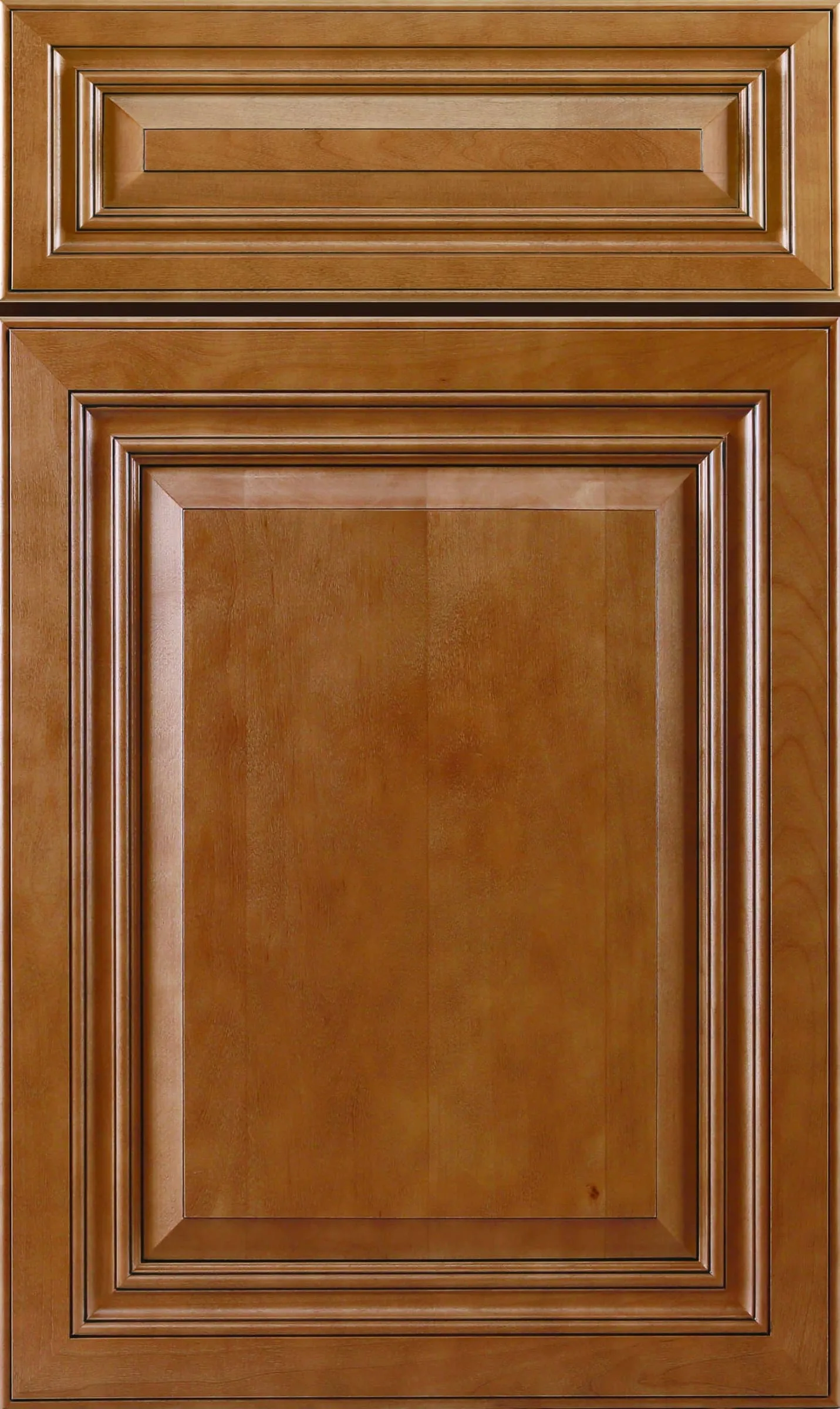 Cinnamon-stained maple raised-panel door with dark glaze in the profiled edges