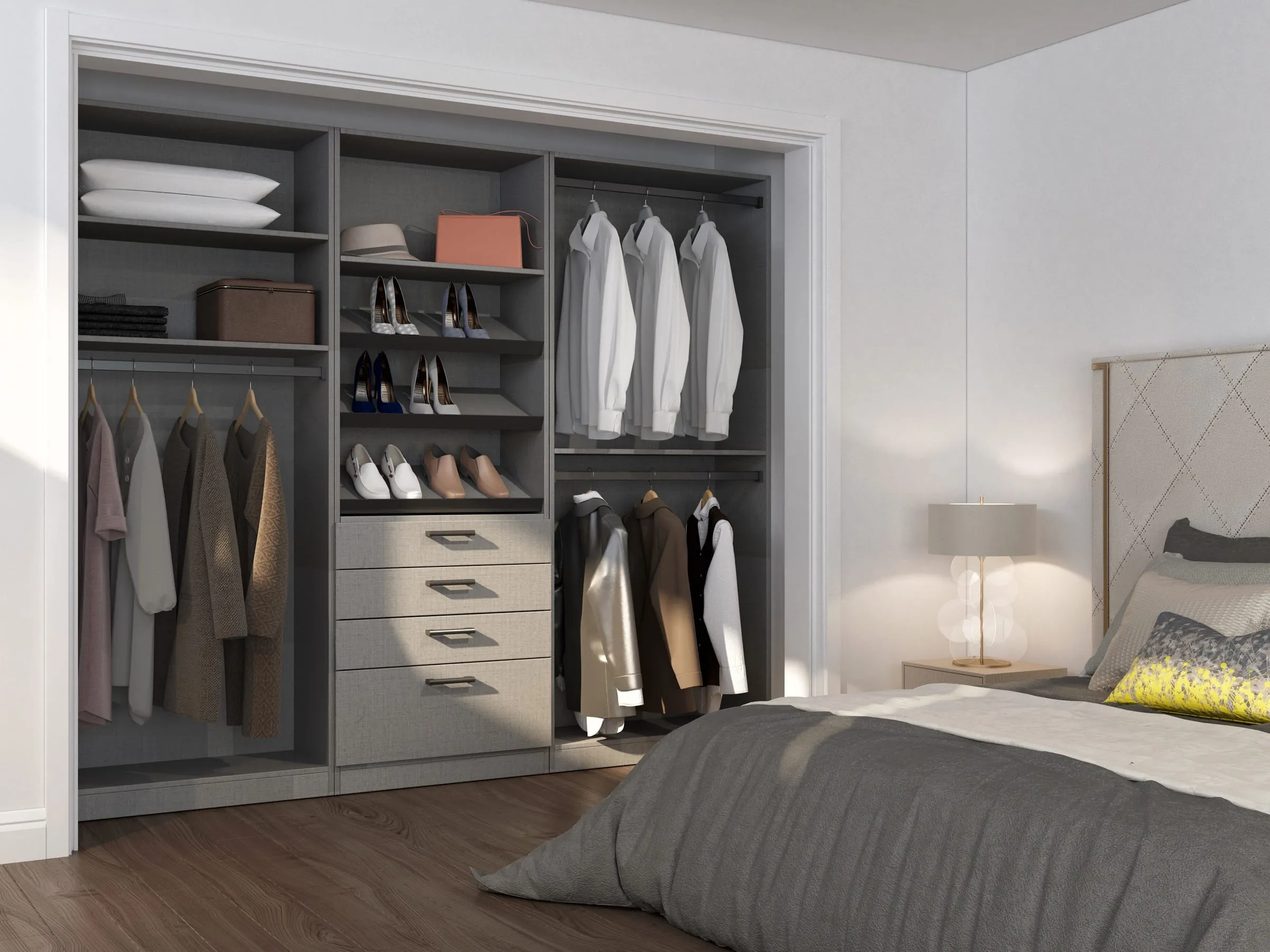 Reach-in bedroom closet with gray linen-texture fronts, a four-drawer center bank, tiered shoe shelves, and double hanging rails