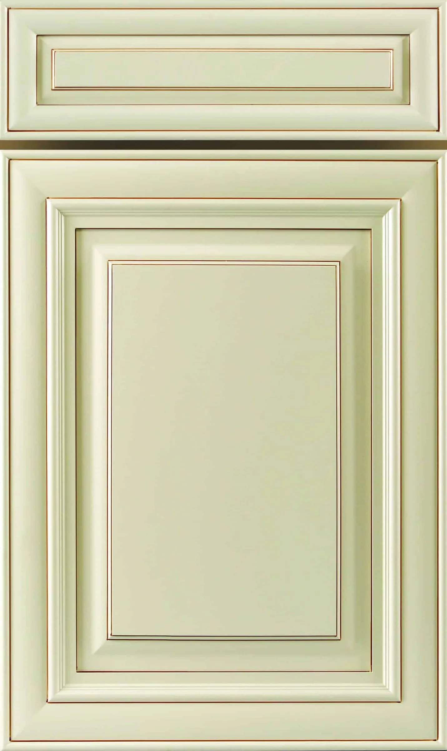 Antique-cream raised-panel cabinet door with warm copper glazing along the profiled edges