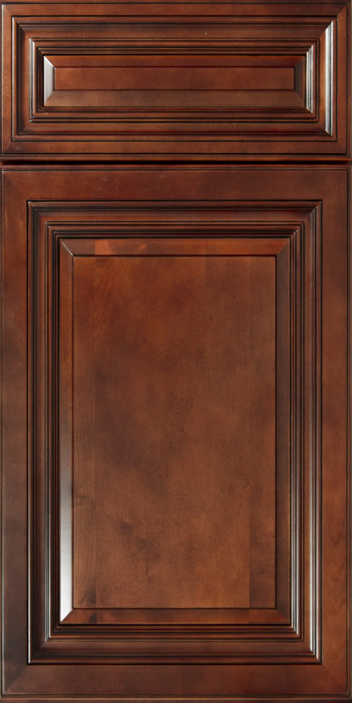 Reddish-cherry raised-panel door and drawer with a dark glaze