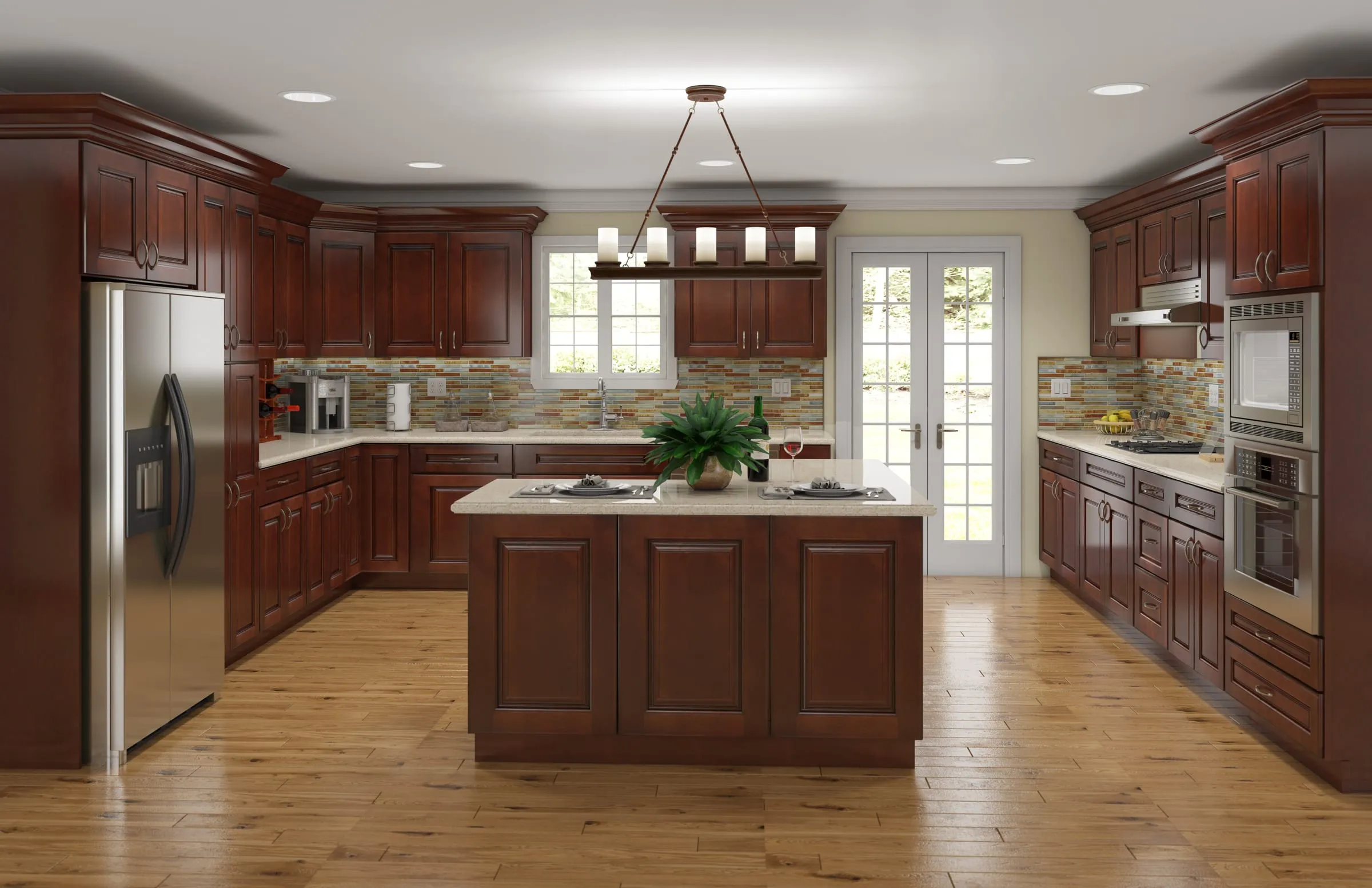 Dark Cherry raised-panel kitchen with a center island and hardwood floor