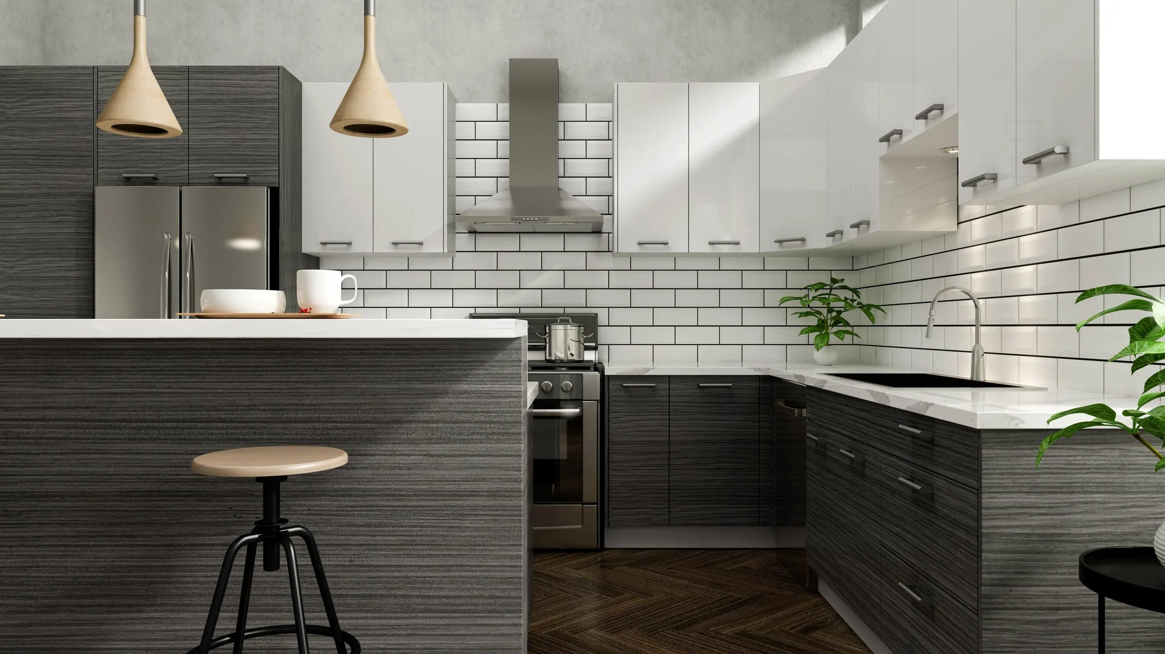 Dark Wood frameless kitchen with white subway tile, white uppers, and a breakfast bar