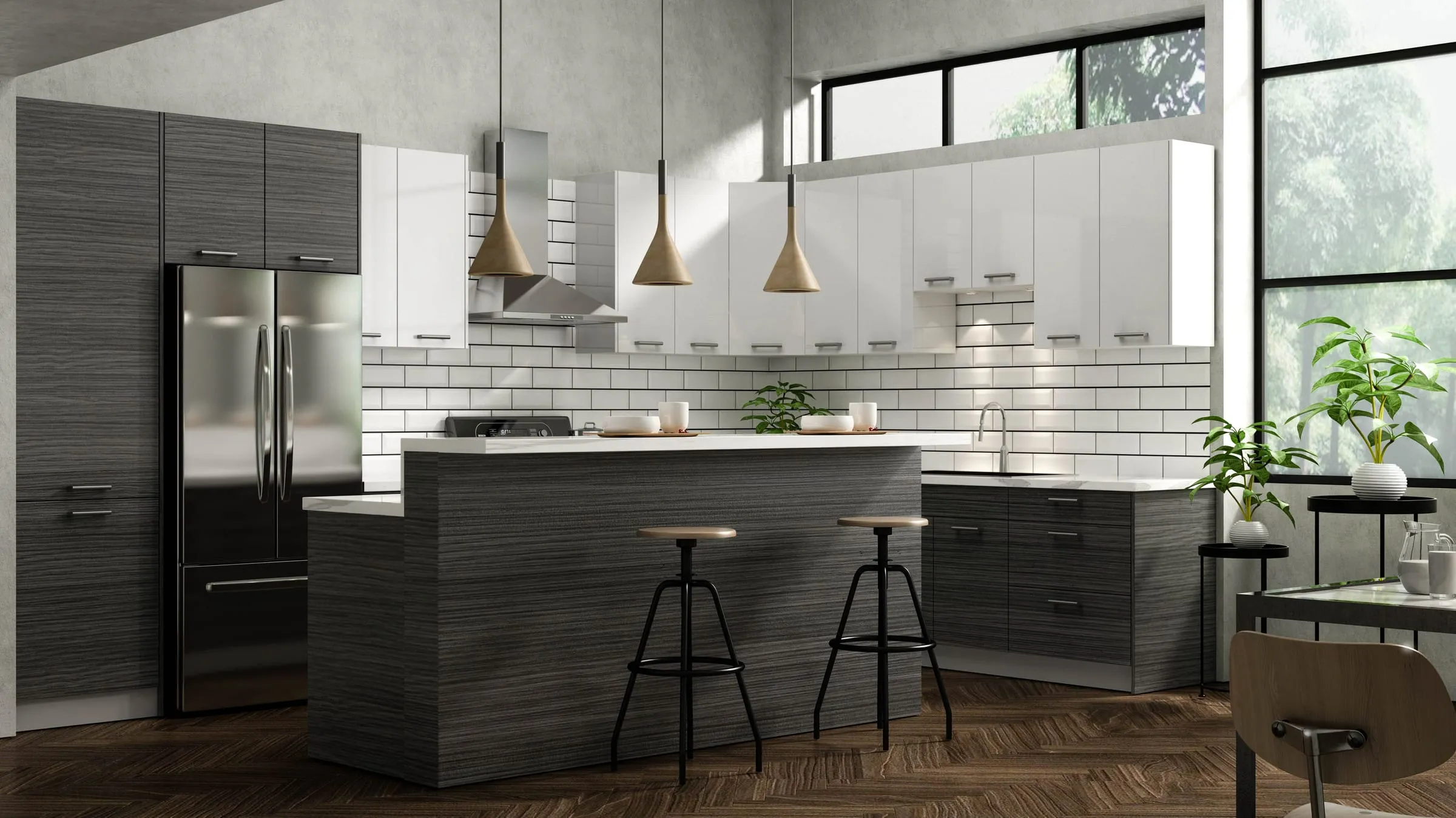 Dark Wood frameless kitchen with island seating, pendant lights, and white gloss uppers