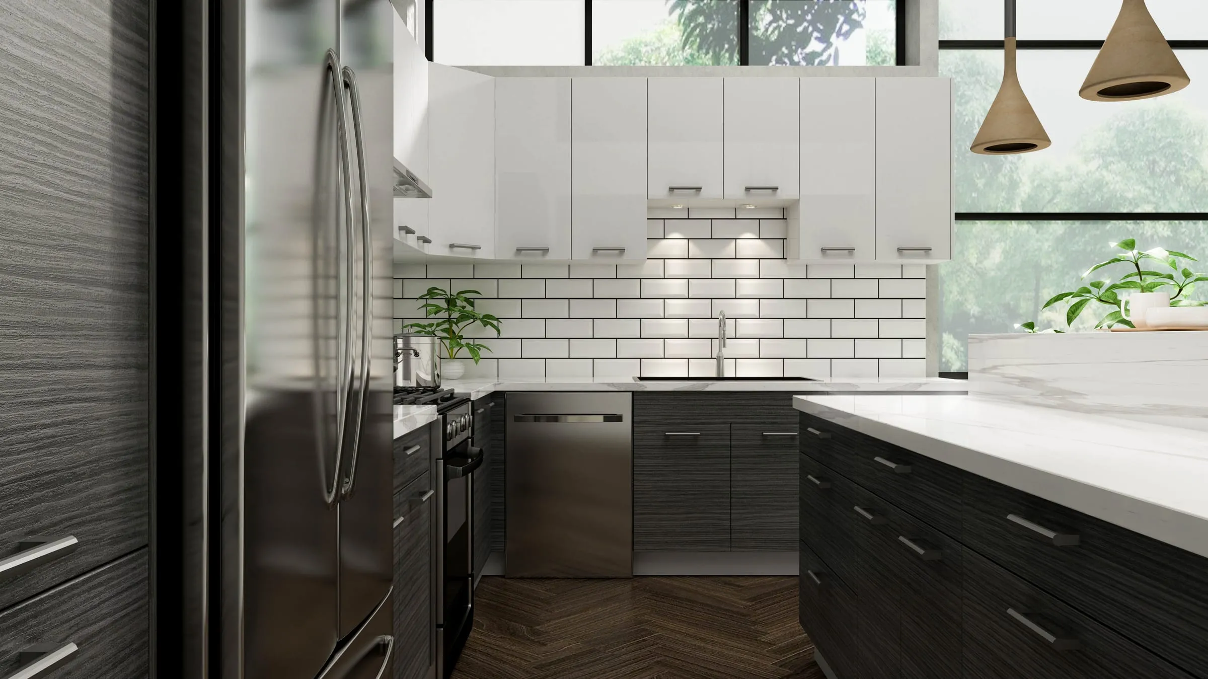 Dark Wood frameless kitchen wide view with white uppers and a window wall