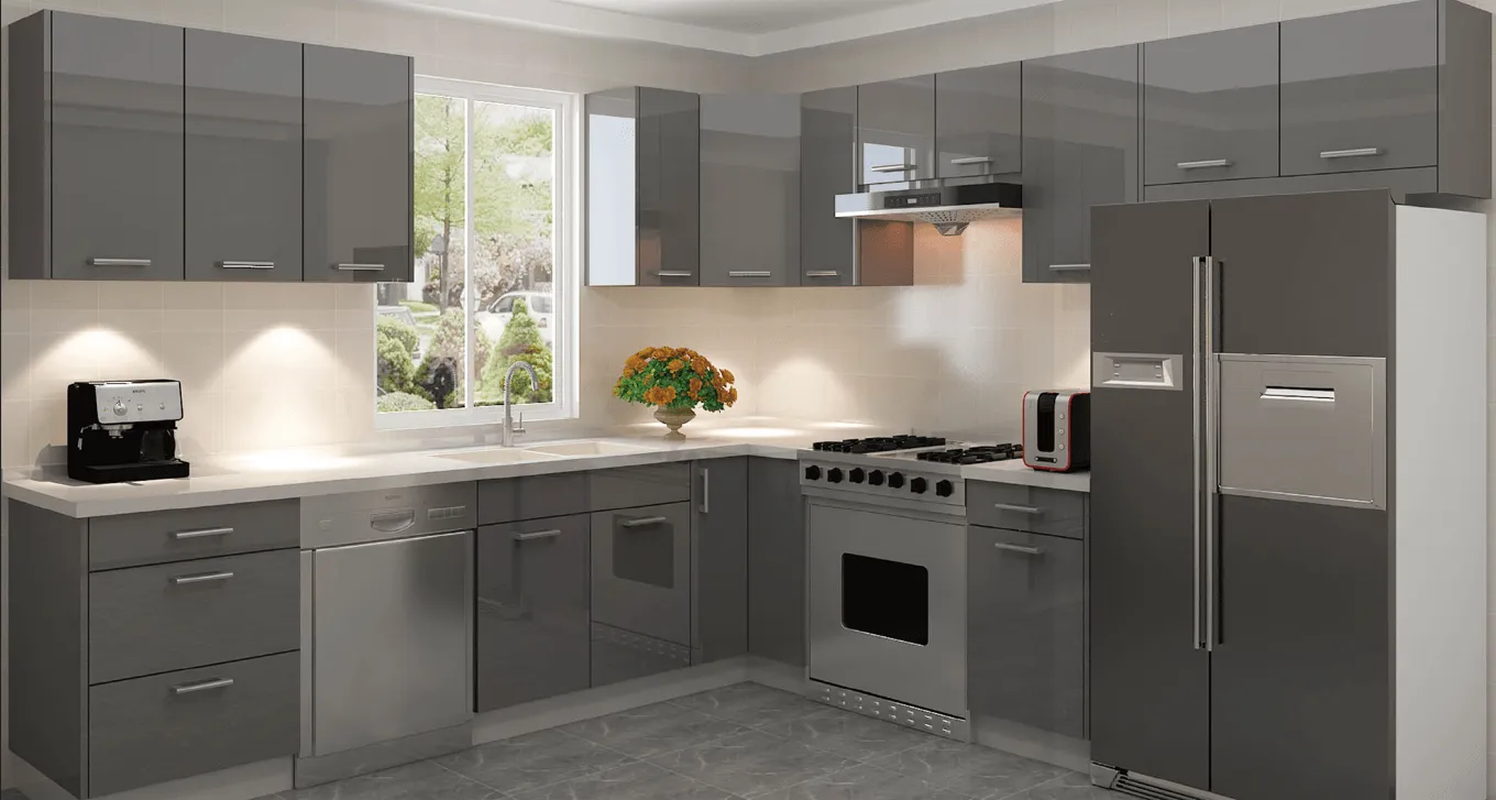 Full glossy-gray L-shaped kitchen with a stainless range and side-by-side refrigerator