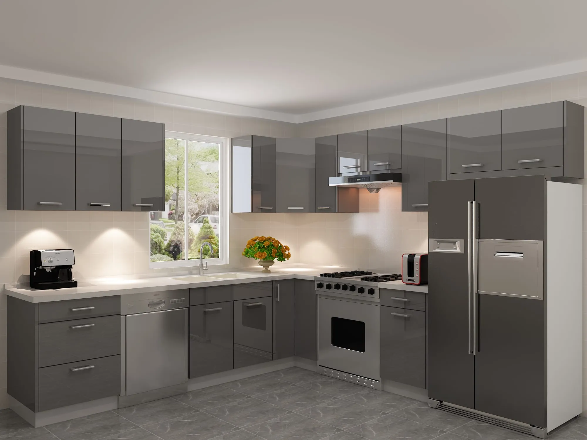 Glossy gray kitchen with white counters and a window over the sink