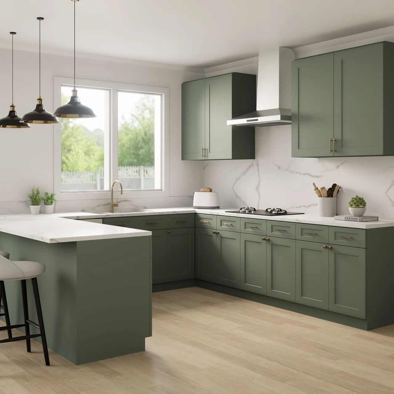 Sage-green shaker kitchen with a U-shaped peninsula, brass hardware, and black pendants