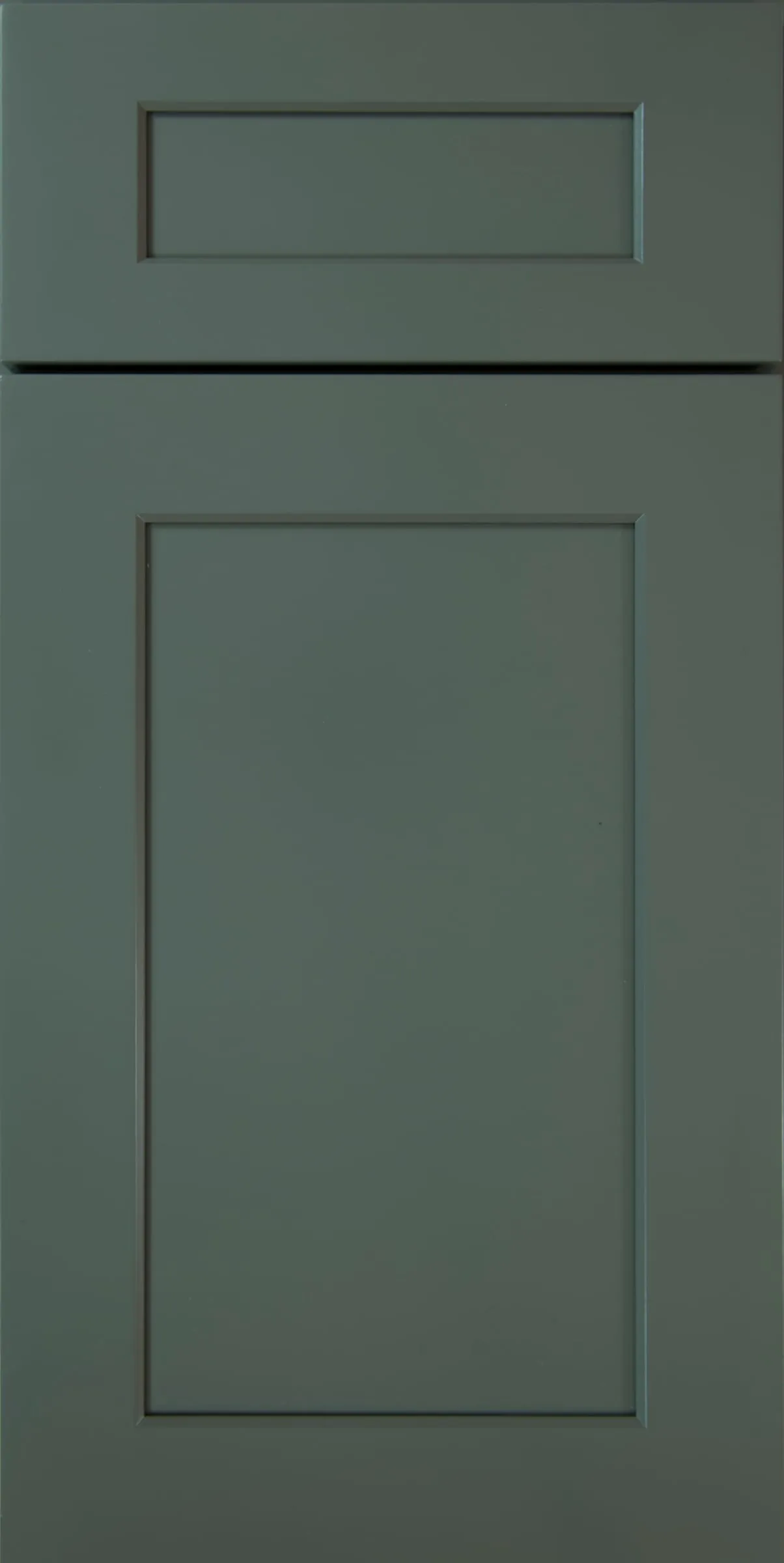 Muted sage-grey shaker door and drawer front in a matte paint