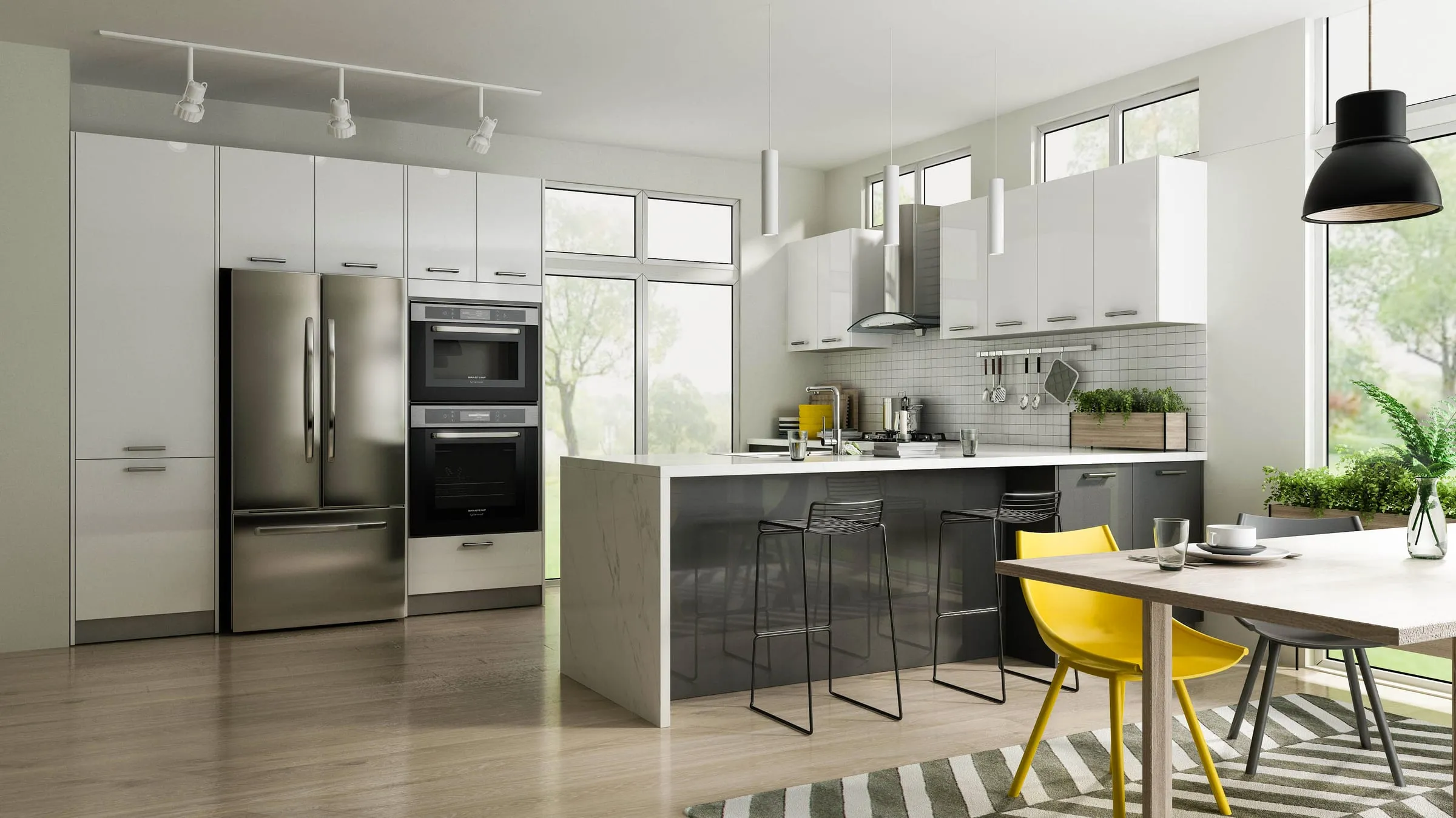 Glossy White frameless kitchen with a peninsula, stainless appliances, and a wood floor