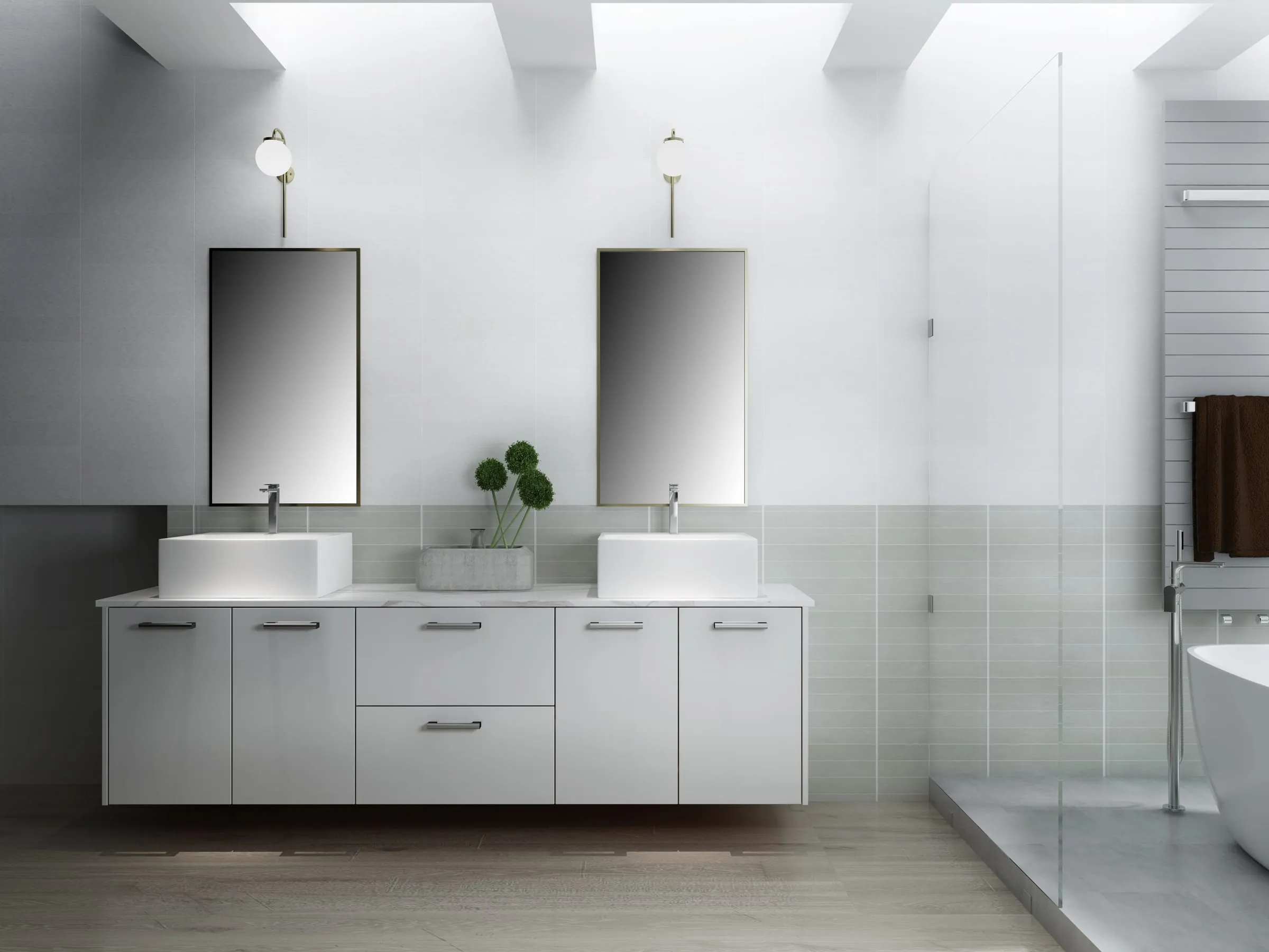 Glossy White frameless floating double vanity with two vessel sinks and tall mirrors