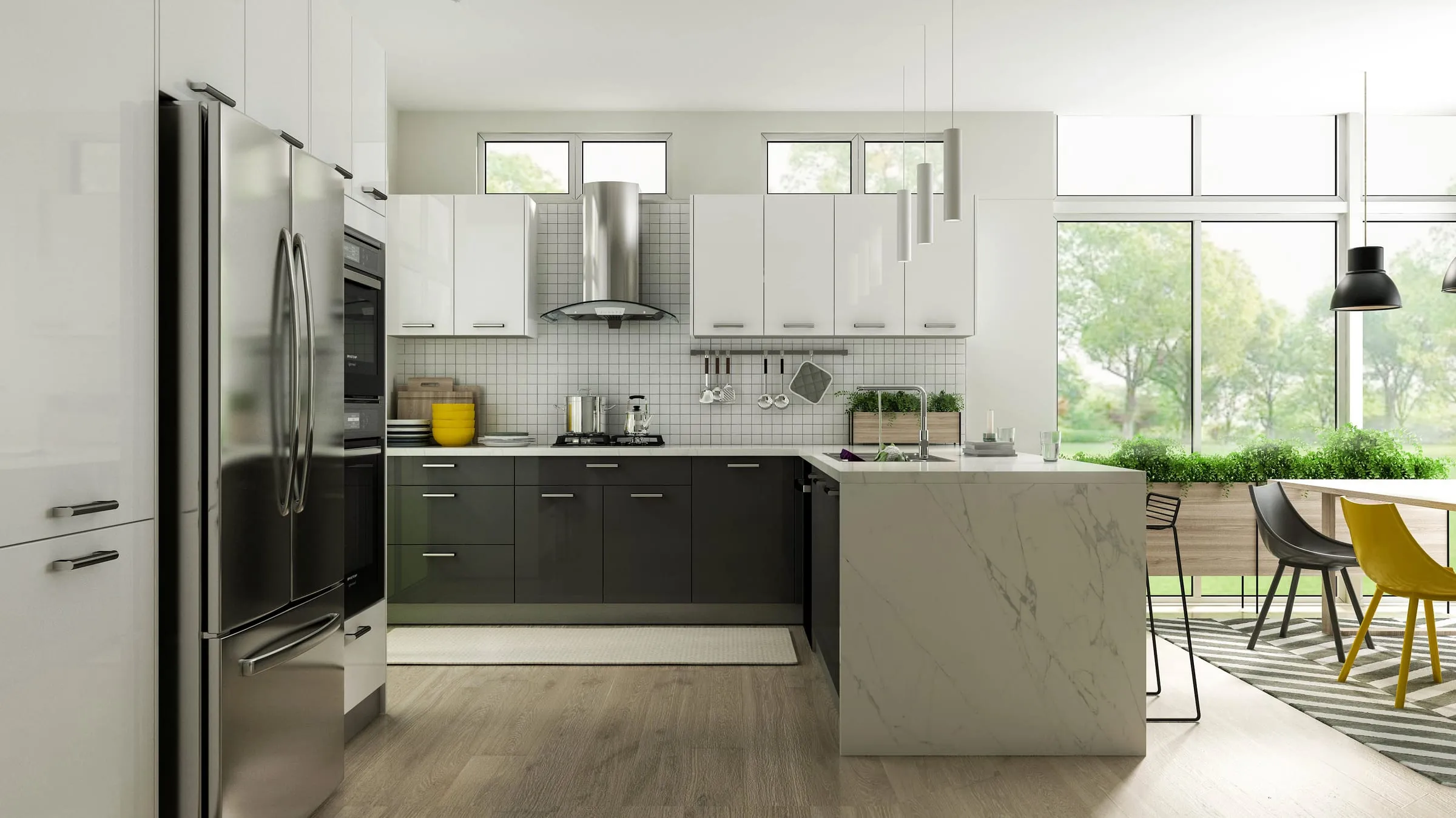 Glossy White and dark gray frameless kitchen with a stone-top island