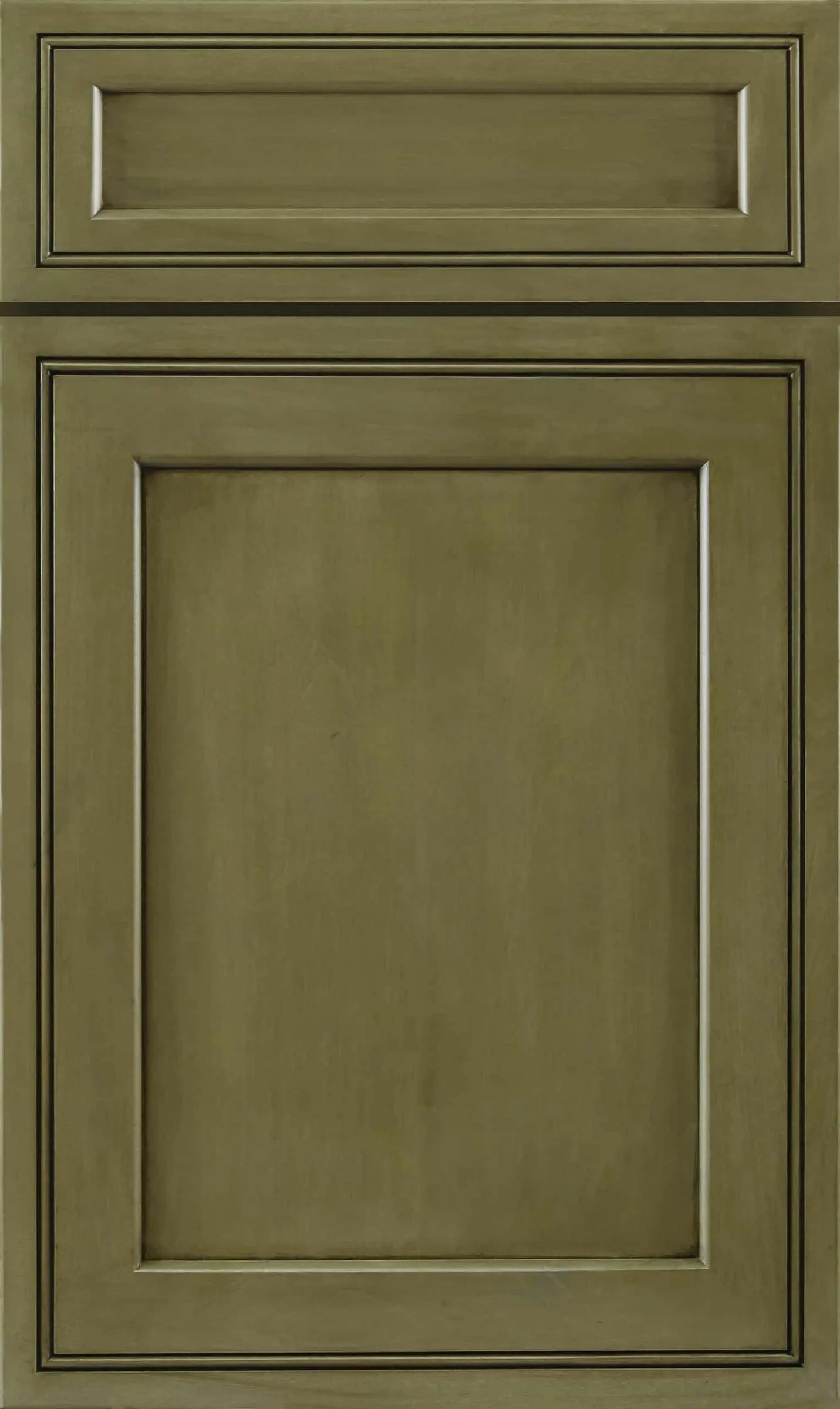 Muted olive-green glazed raised-panel door with dark glaze in the profiled edges