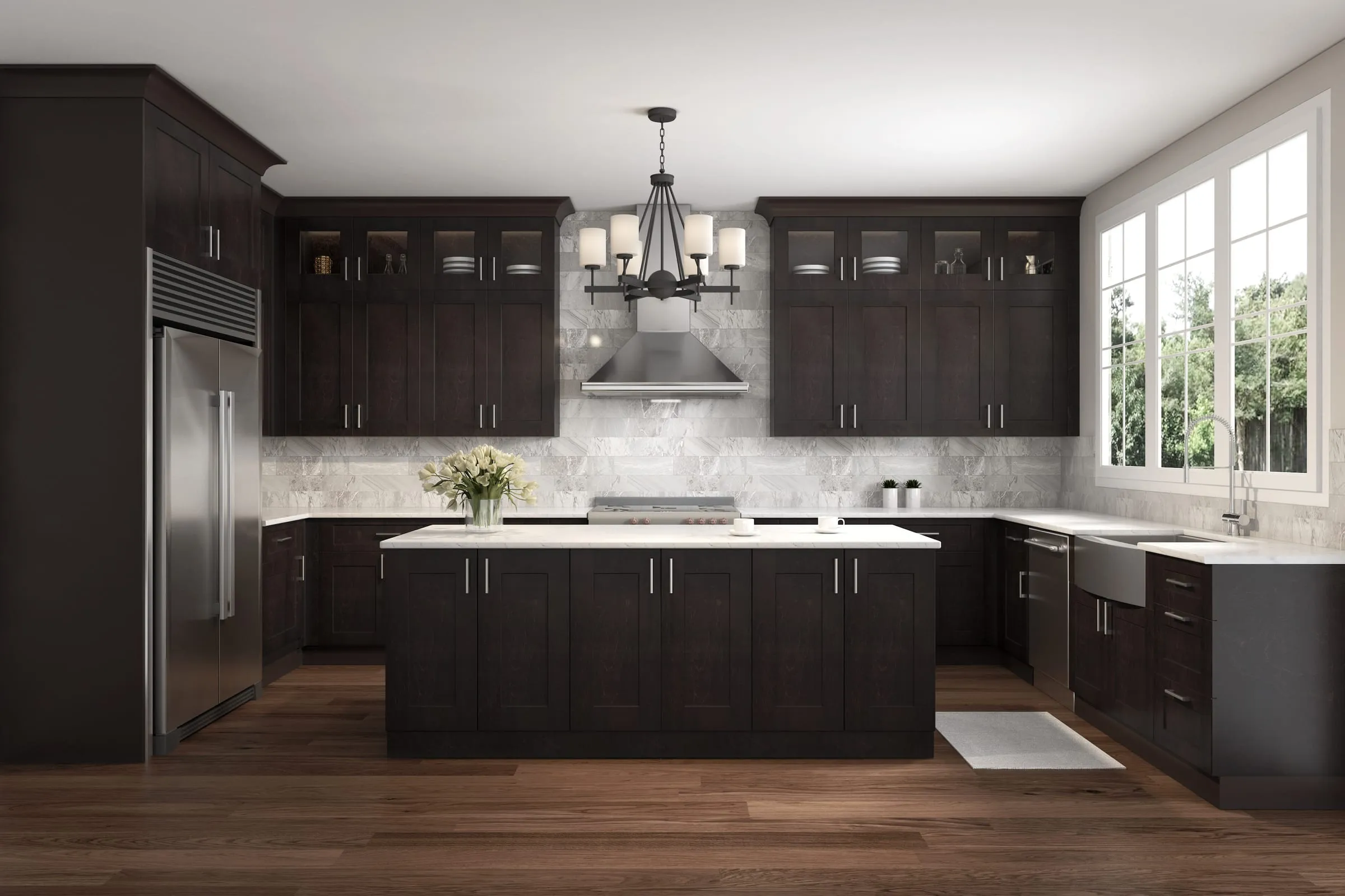 Java shaker kitchen with a dark island, marble backsplash, and glass-front upper cabinets