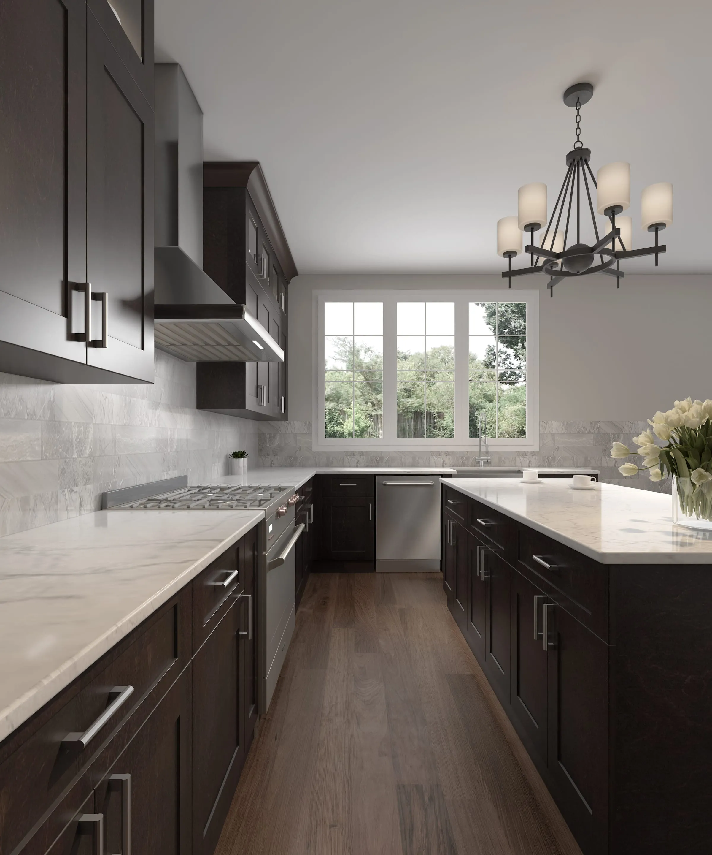 Java shaker kitchen viewed lengthwise with a farmhouse sink, chandelier, and light stone counters