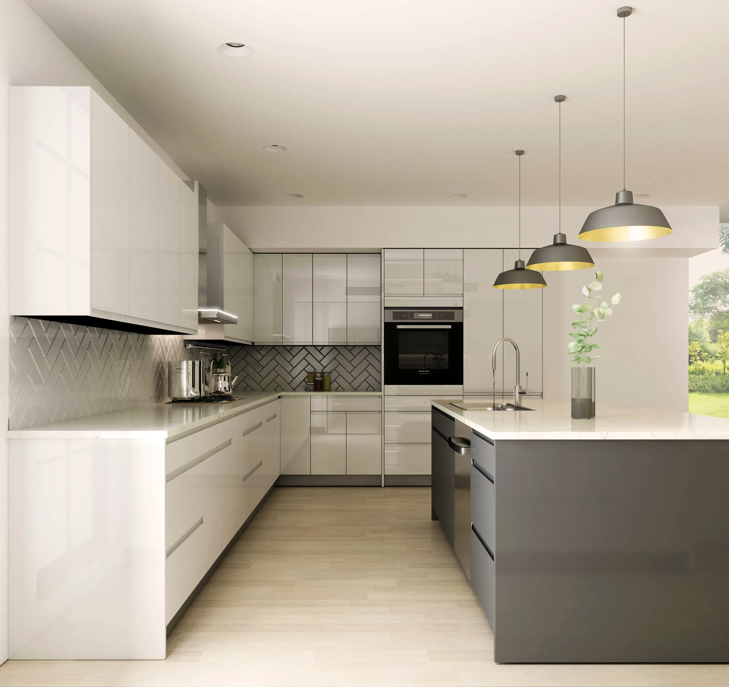White lacquer U-shaped kitchen with a gray gloss island and herringbone backsplash