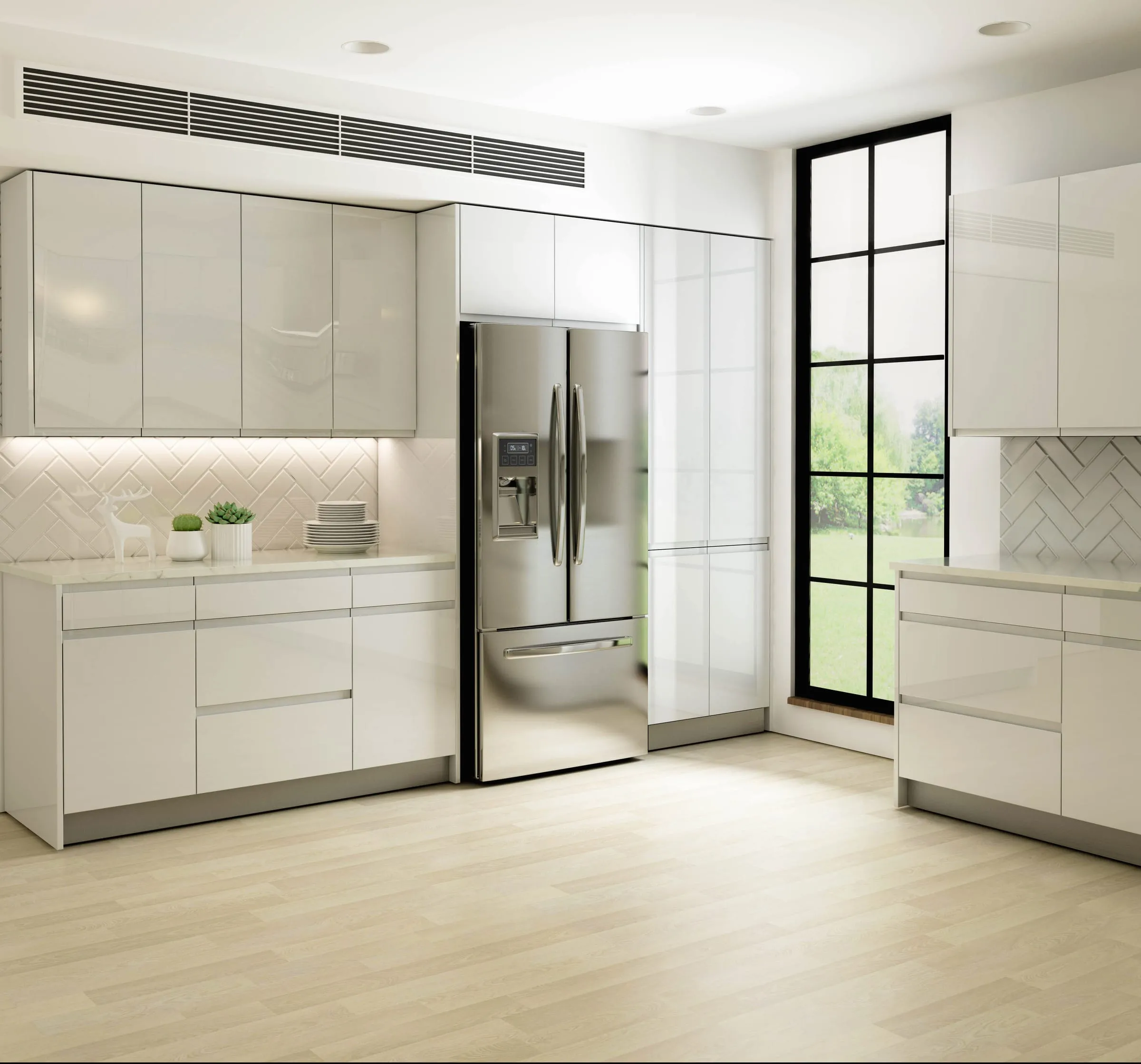 White high-gloss handleless kitchen with a black-framed window and light wood floor