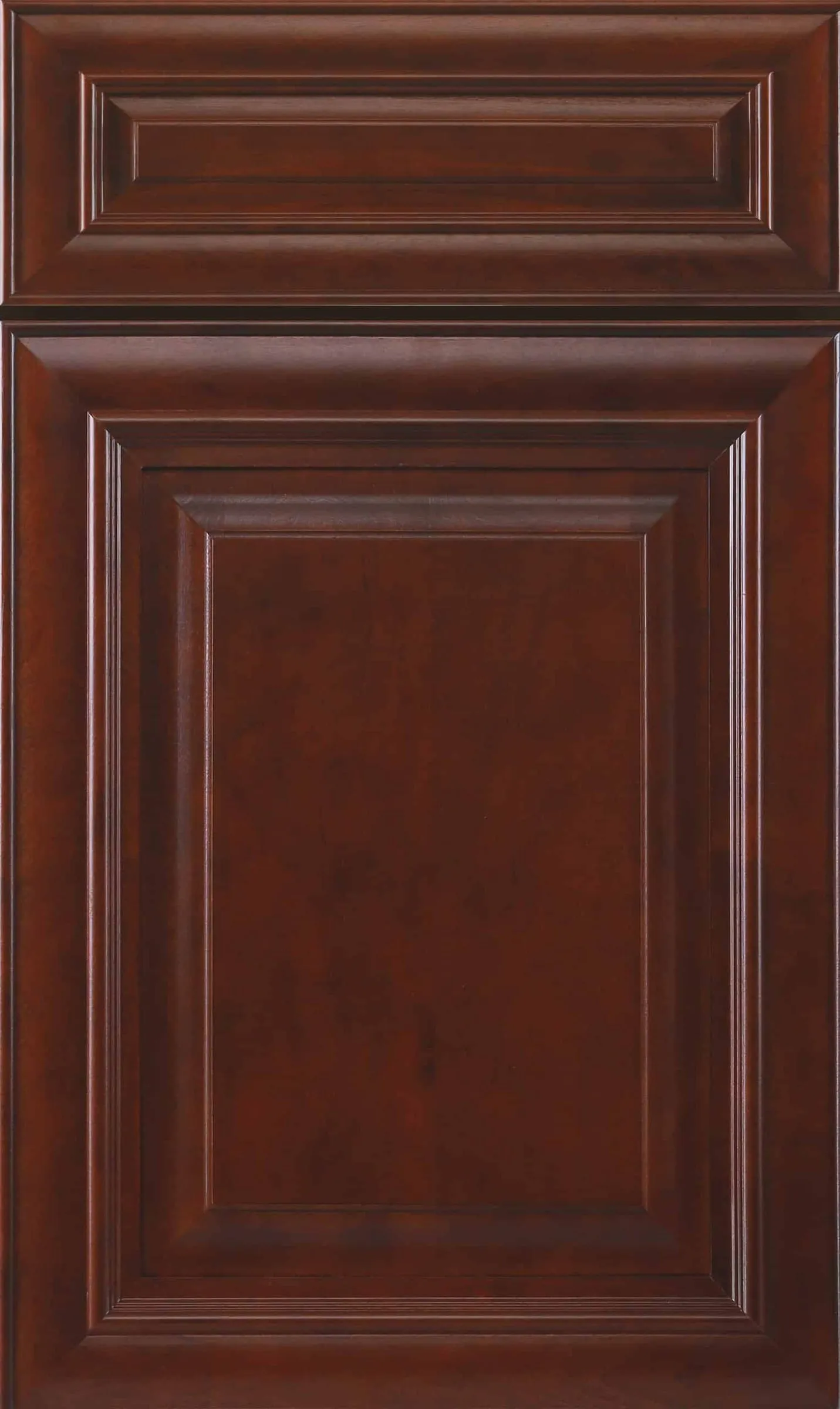 Reddish mahogany-stained raised-panel door with a smooth center field