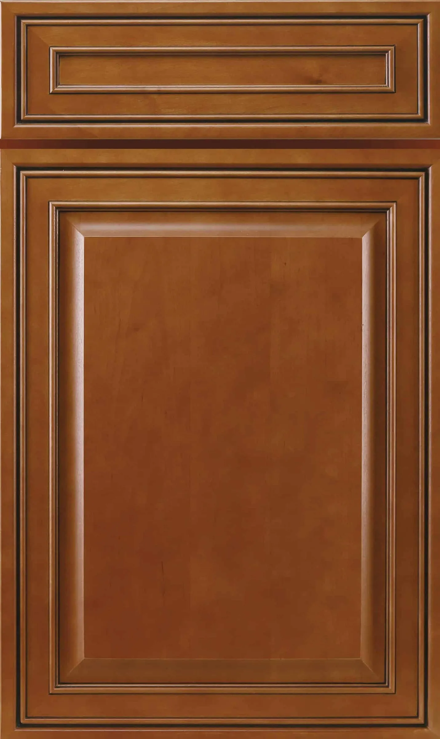 Honey / caramel mocha-stained maple raised-panel door with dark edge glaze
