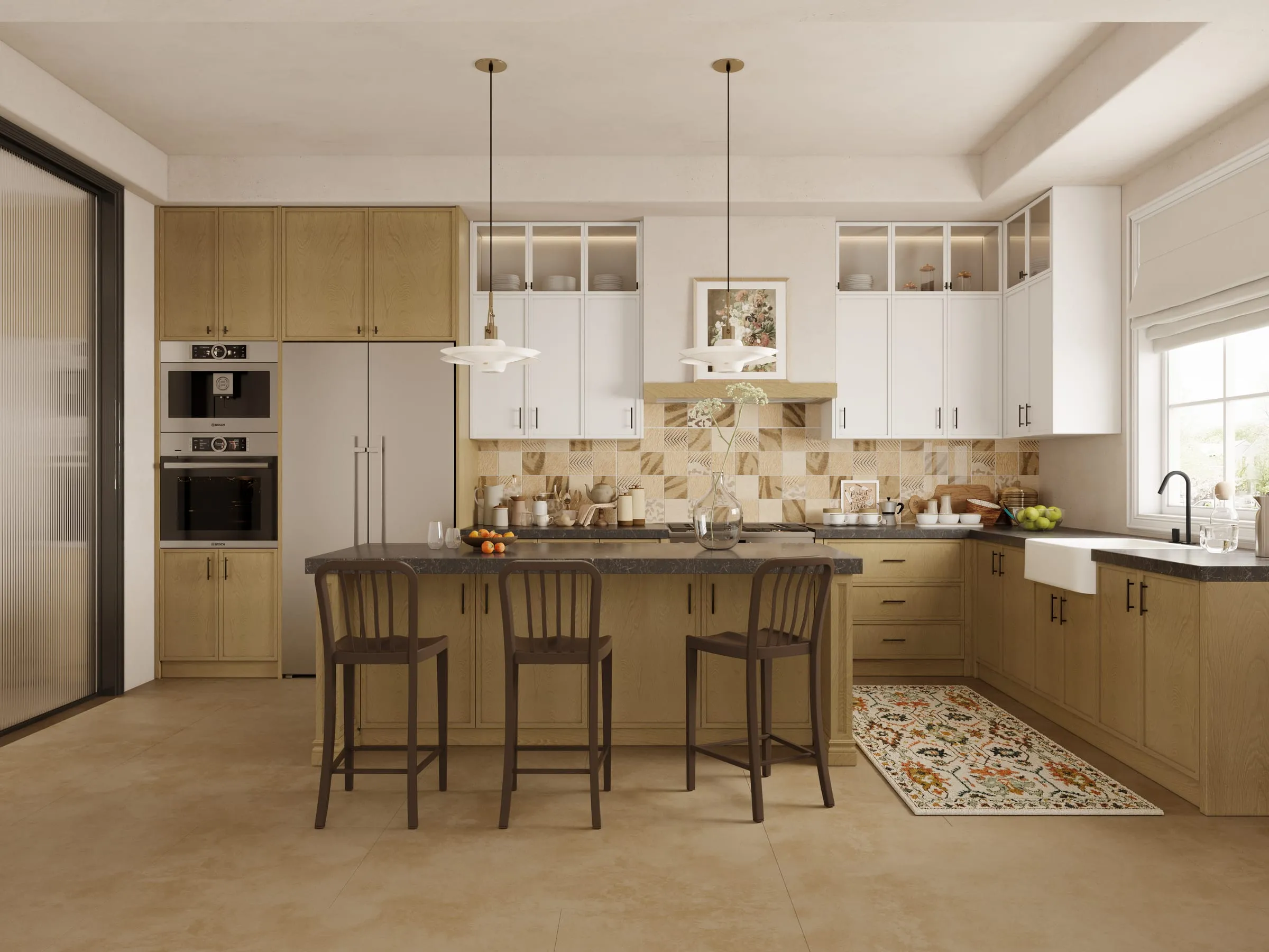 Warm natural-oak and white kitchen with island seating and a patterned tile backsplash