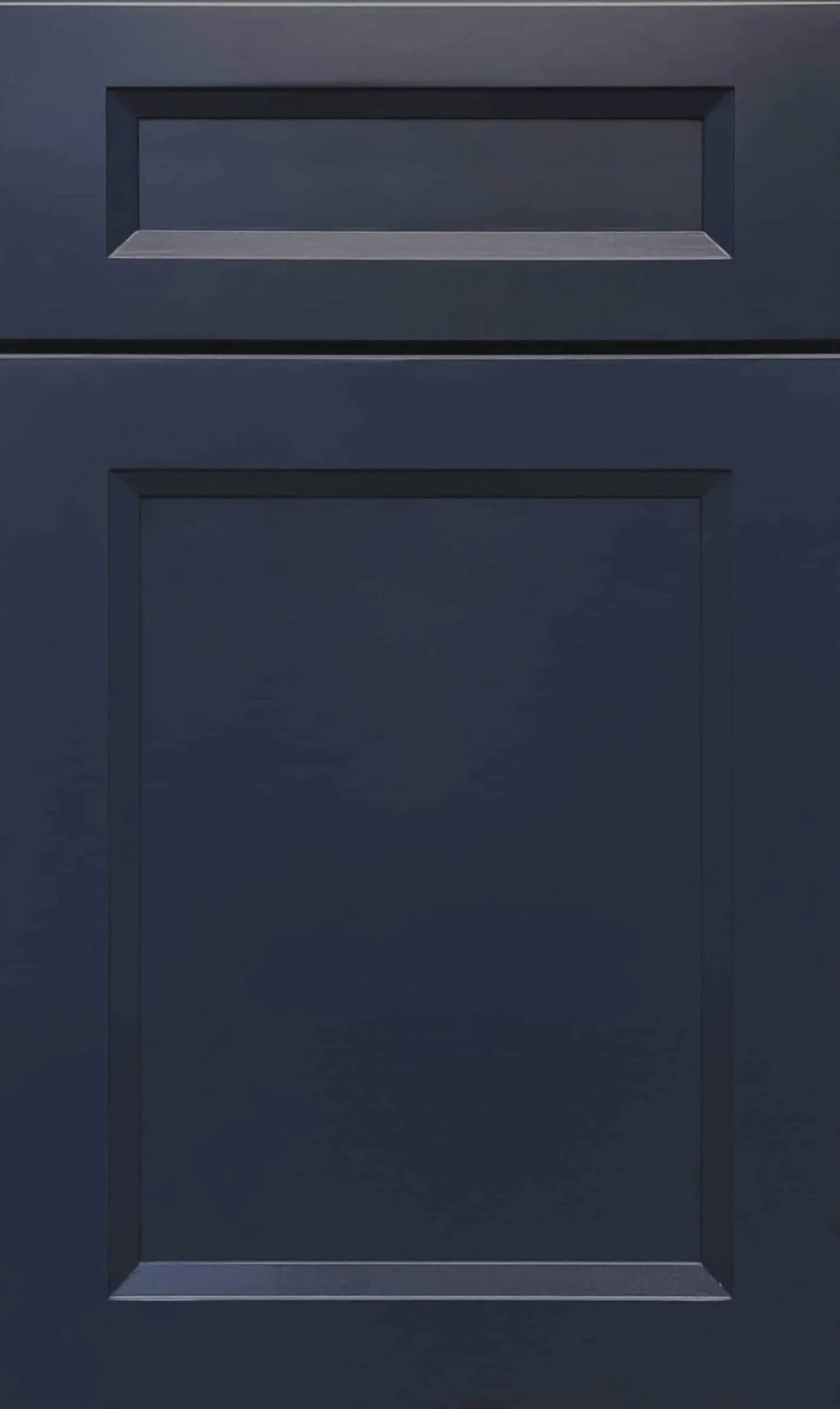 Deep navy-blue painted shaker cabinet door with a recessed center panel