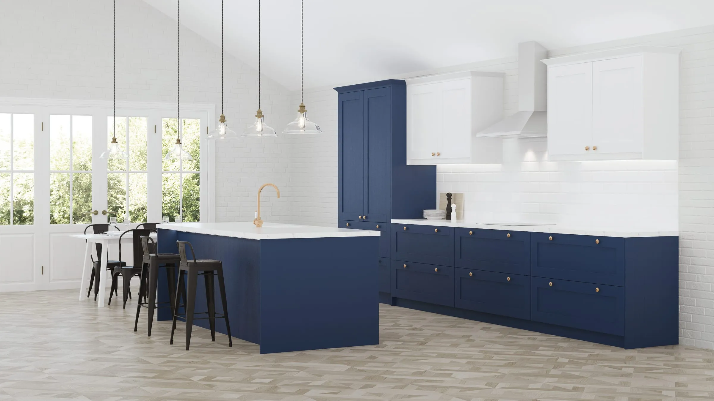 Navy blue shaker kitchen with a white waterfall island, bar seating, and glass pendant lights