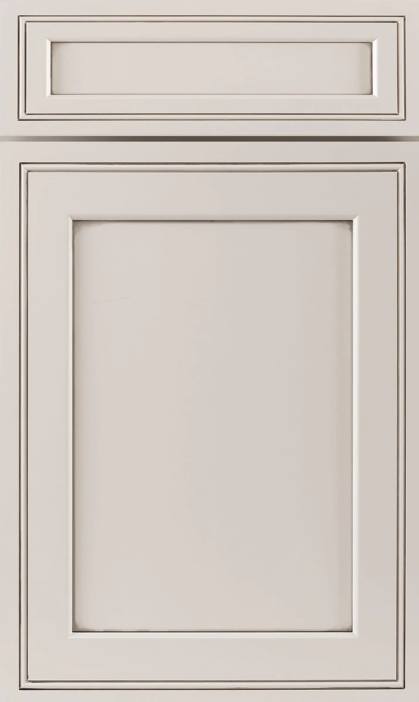 Warm greige painted raised-panel door with hand-glazed, brushed profiled edges