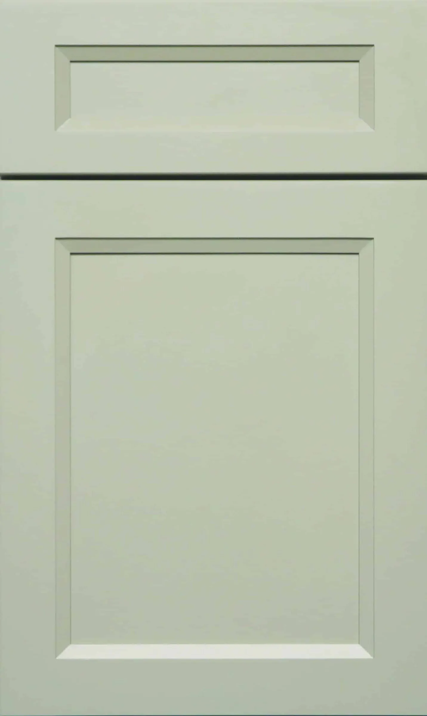 Soft grey-green painted shaker cabinet door with a flat recessed panel