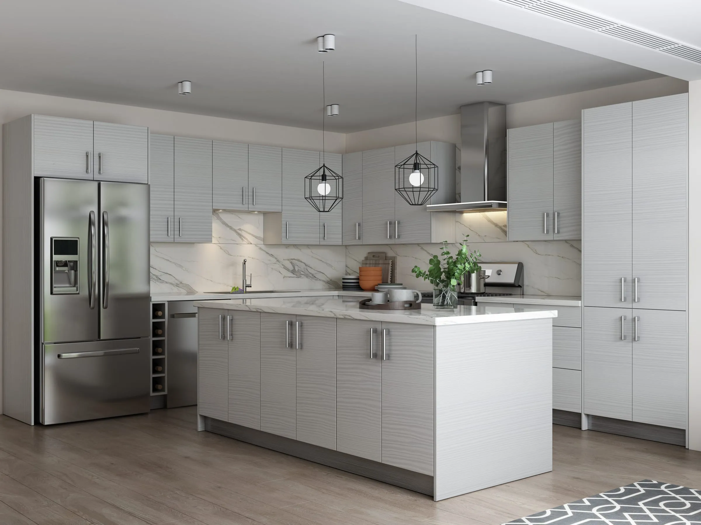 Pale Pine frameless kitchen with a white island, stainless refrigerator, and marble backsplash