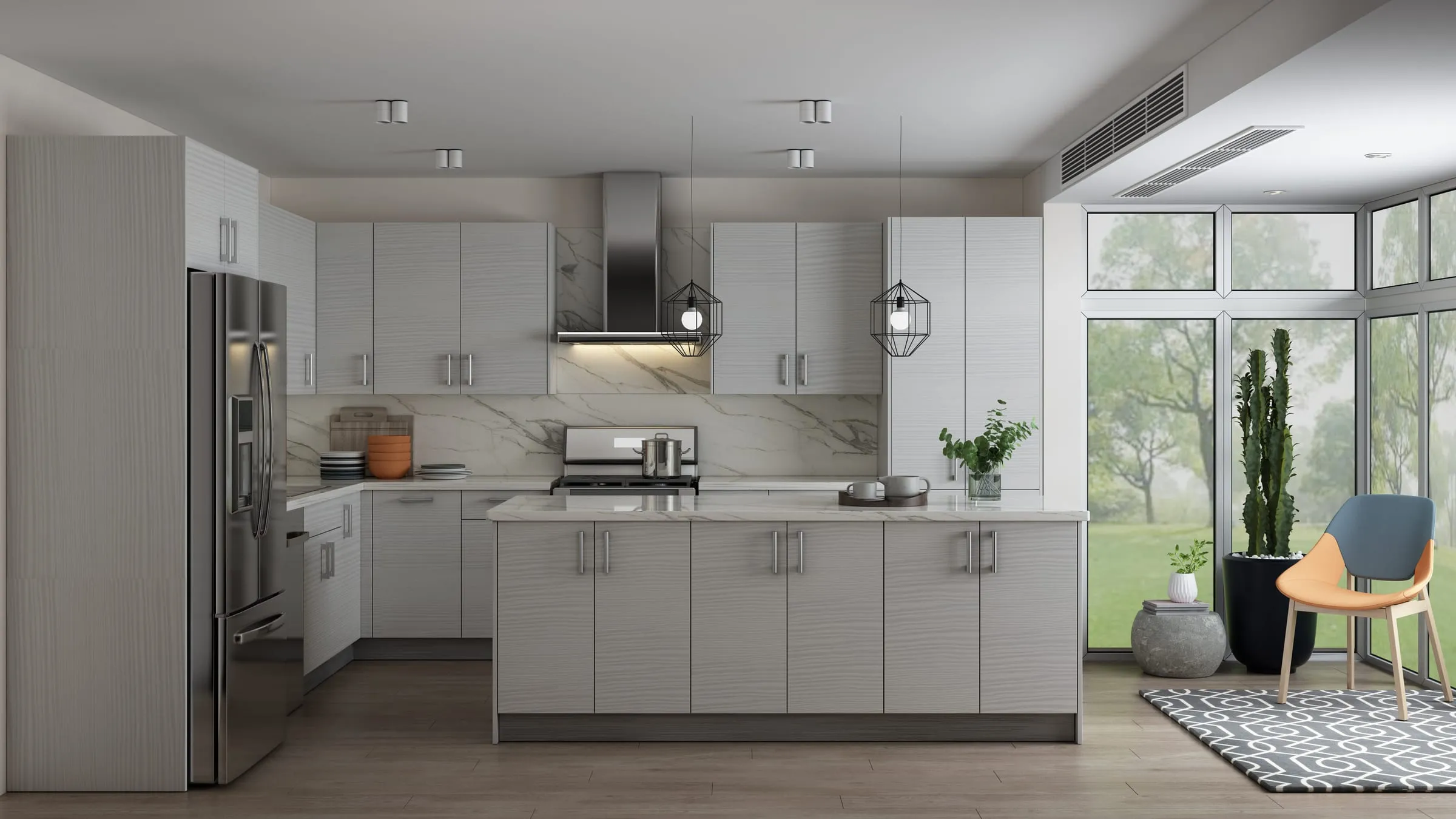 Pale Pine frameless kitchen with island seating and a window wall