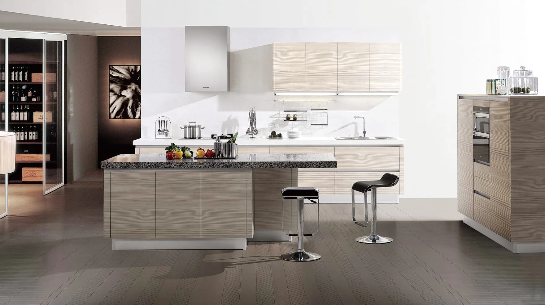 Pale Pine frameless kitchen with a dark counter island and bar stools