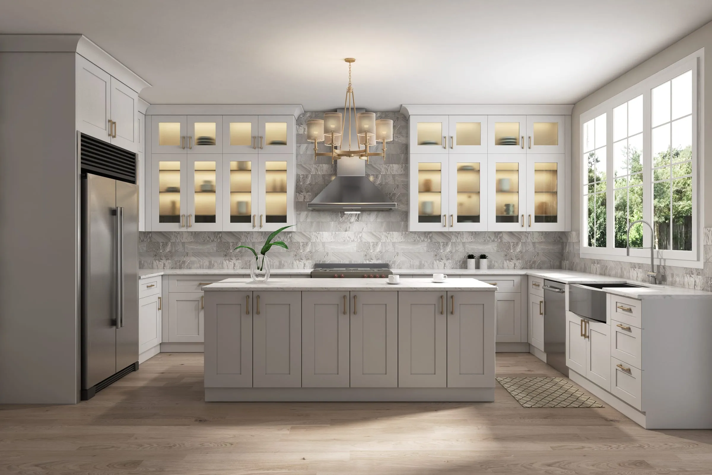 White shaker kitchen with glass upper cabinets, gold hardware, and a large arched island