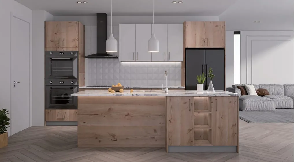 Rustic Oak frameless kitchen with white uppers, black hood, and a herringbone floor