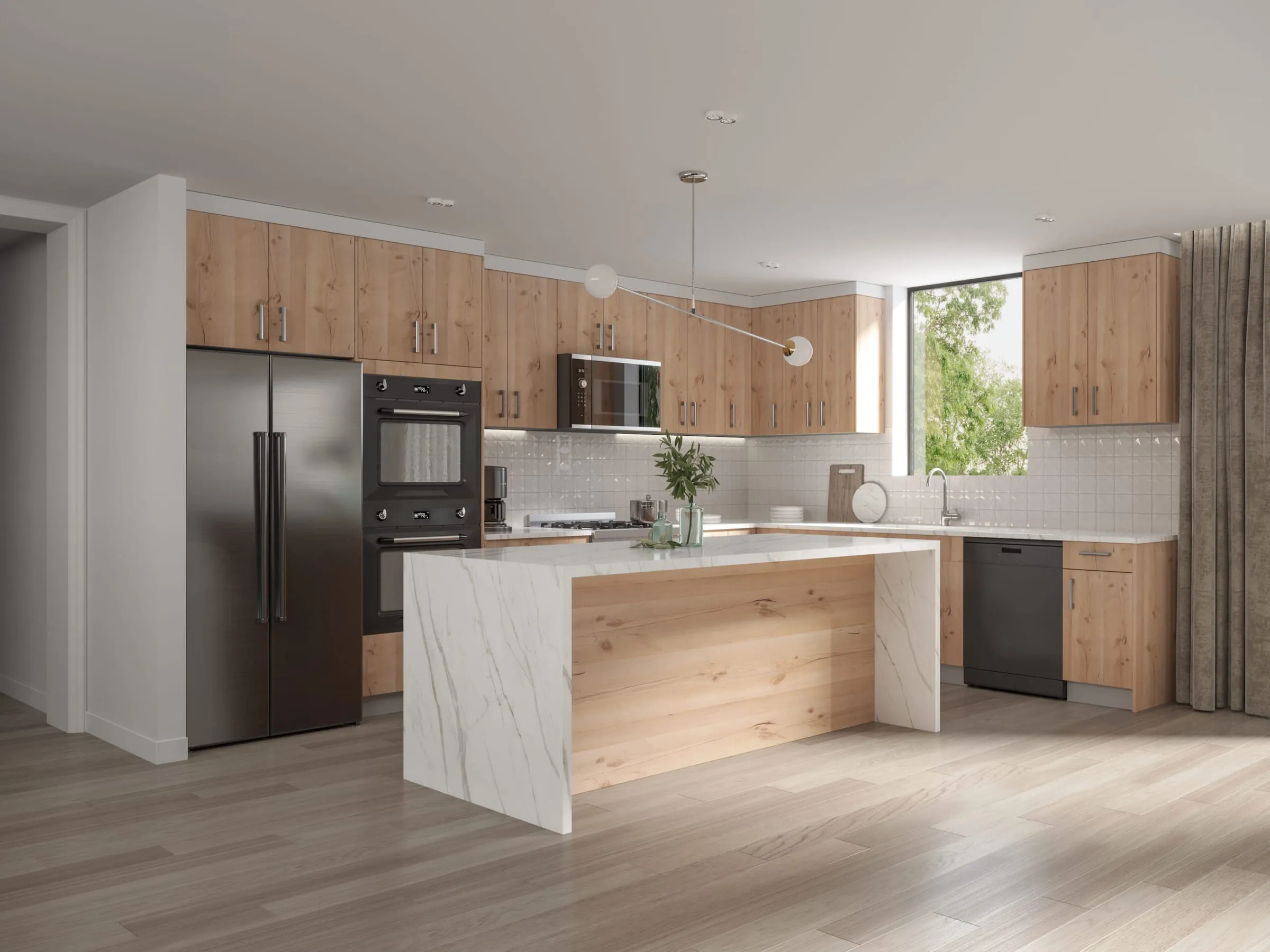 Rustic Oak kitchen with a marble waterfall island and a stainless refrigerator