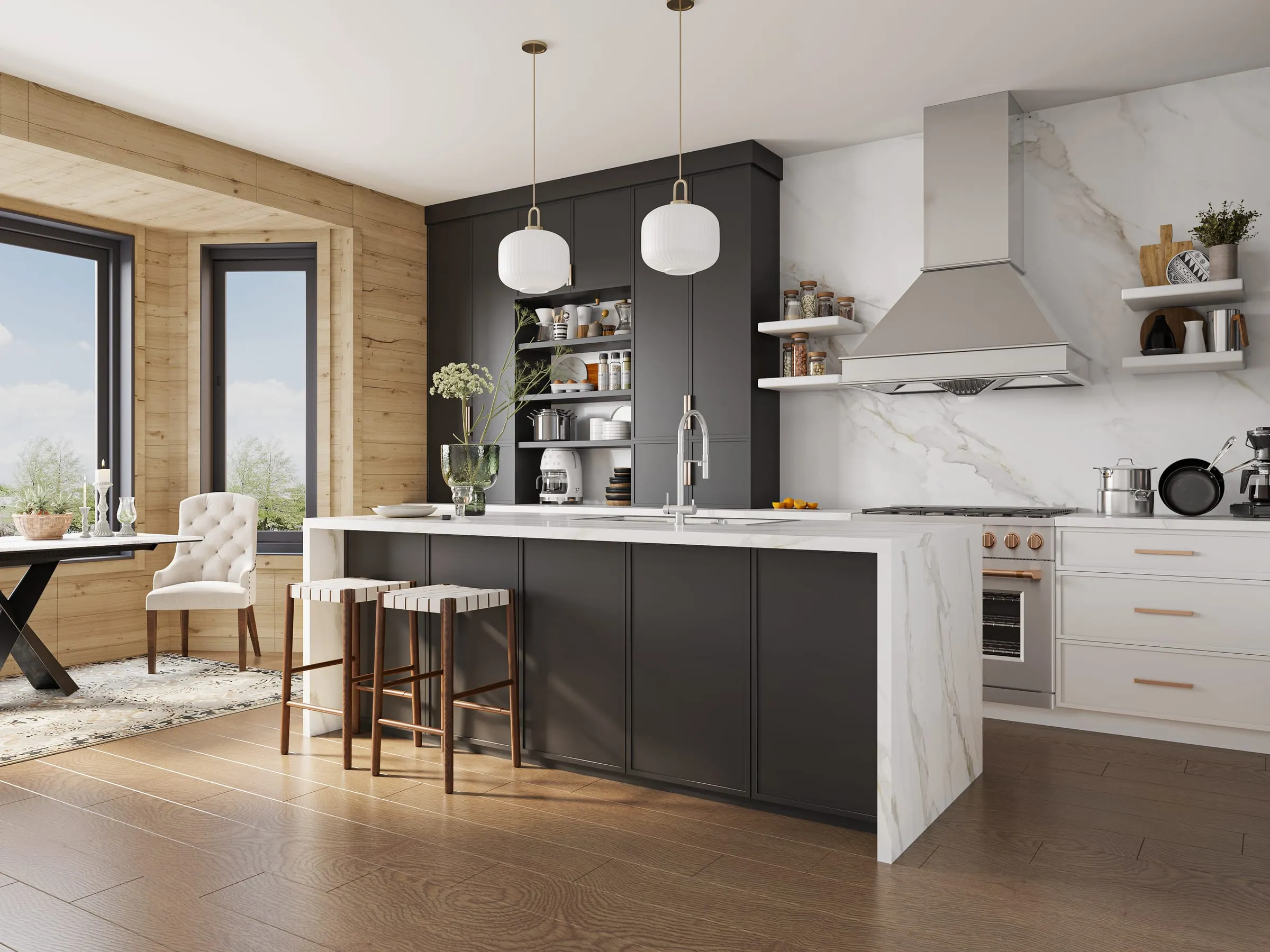 Charcoal slim-shaker kitchen with a marble backsplash, long island, and pendant lights
