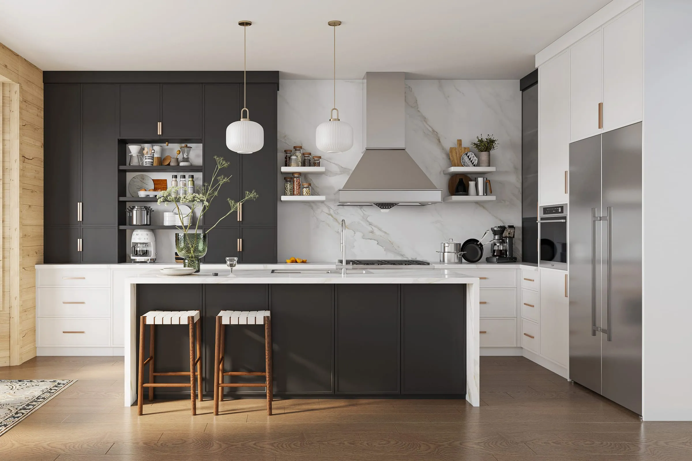 Charcoal slim-shaker uppers over white base cabinets with open shelving and island seating