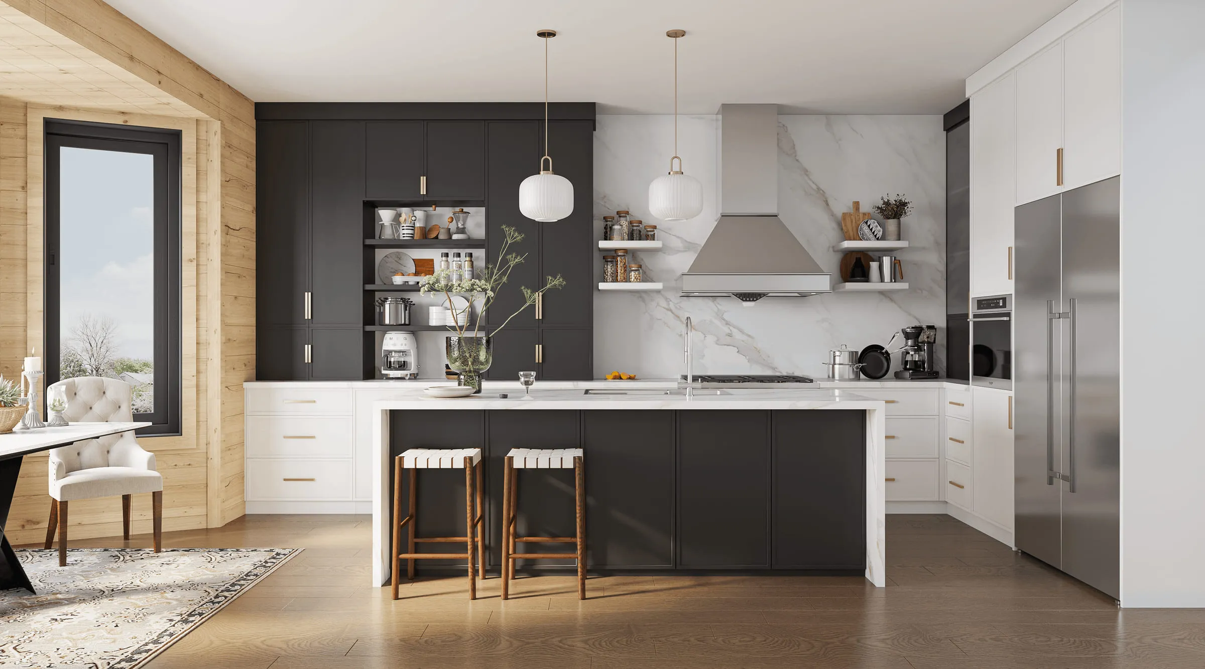 White slim-shaker kitchen with a black matte island, marble backsplash, and a wood accent wall