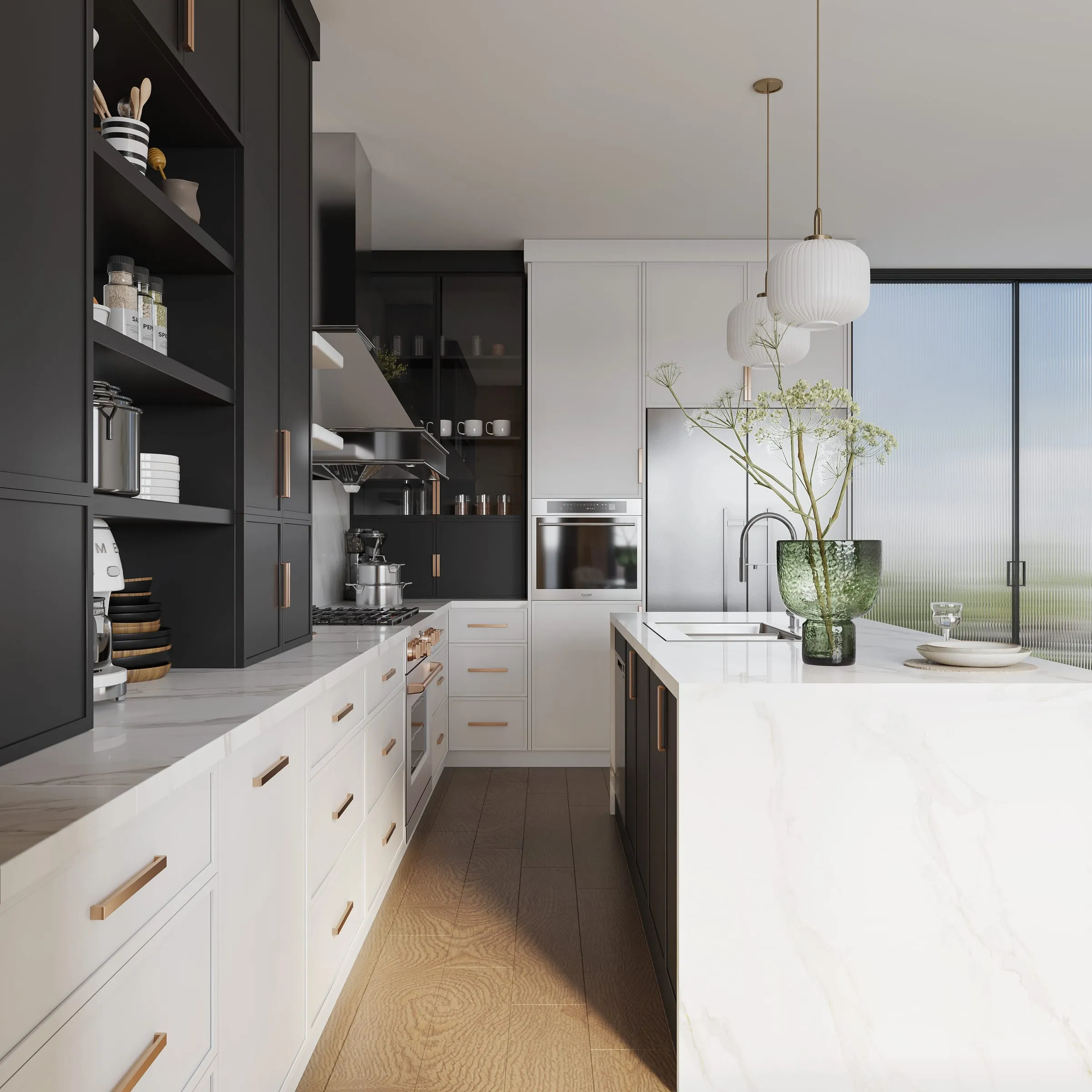Two-tone kitchen with a white slim shaker perimeter, a black island, and open shelving