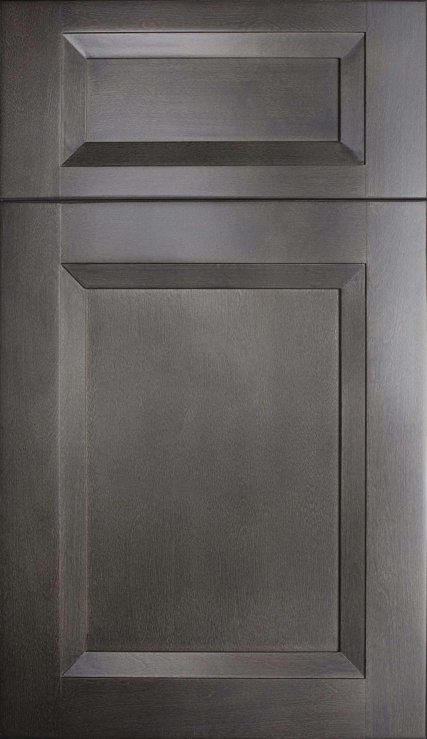Grey-stained beveled double-shaker door and drawer with wood grain