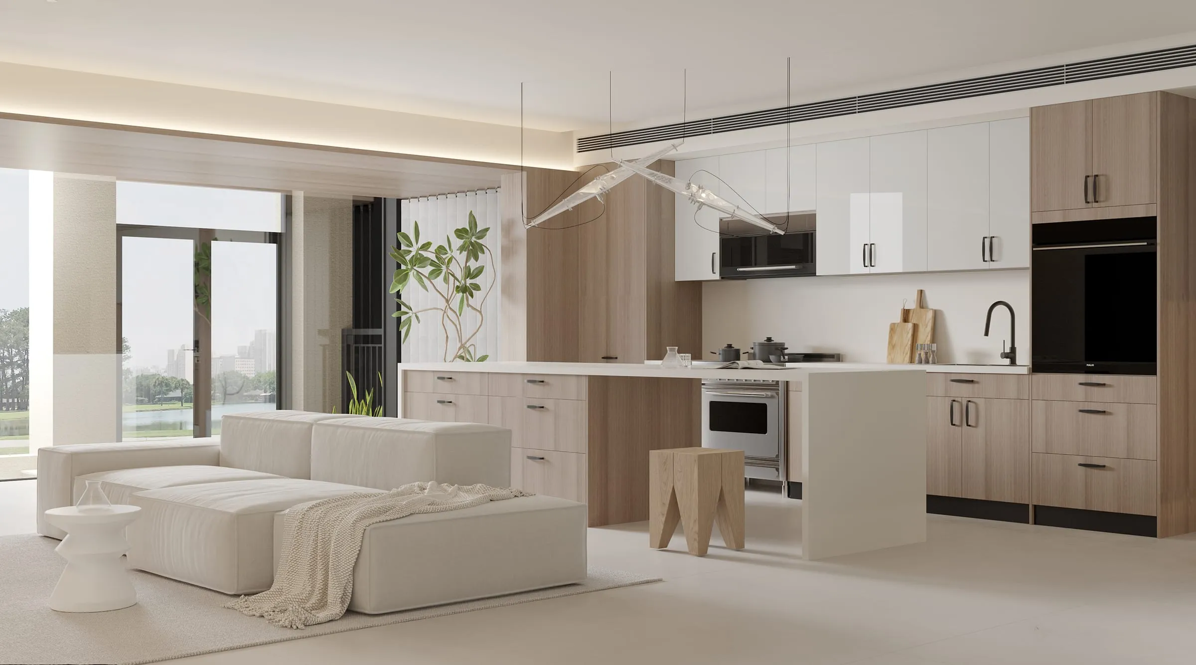 Open-plan living-kitchen with light walnut and white gloss frameless cabinets