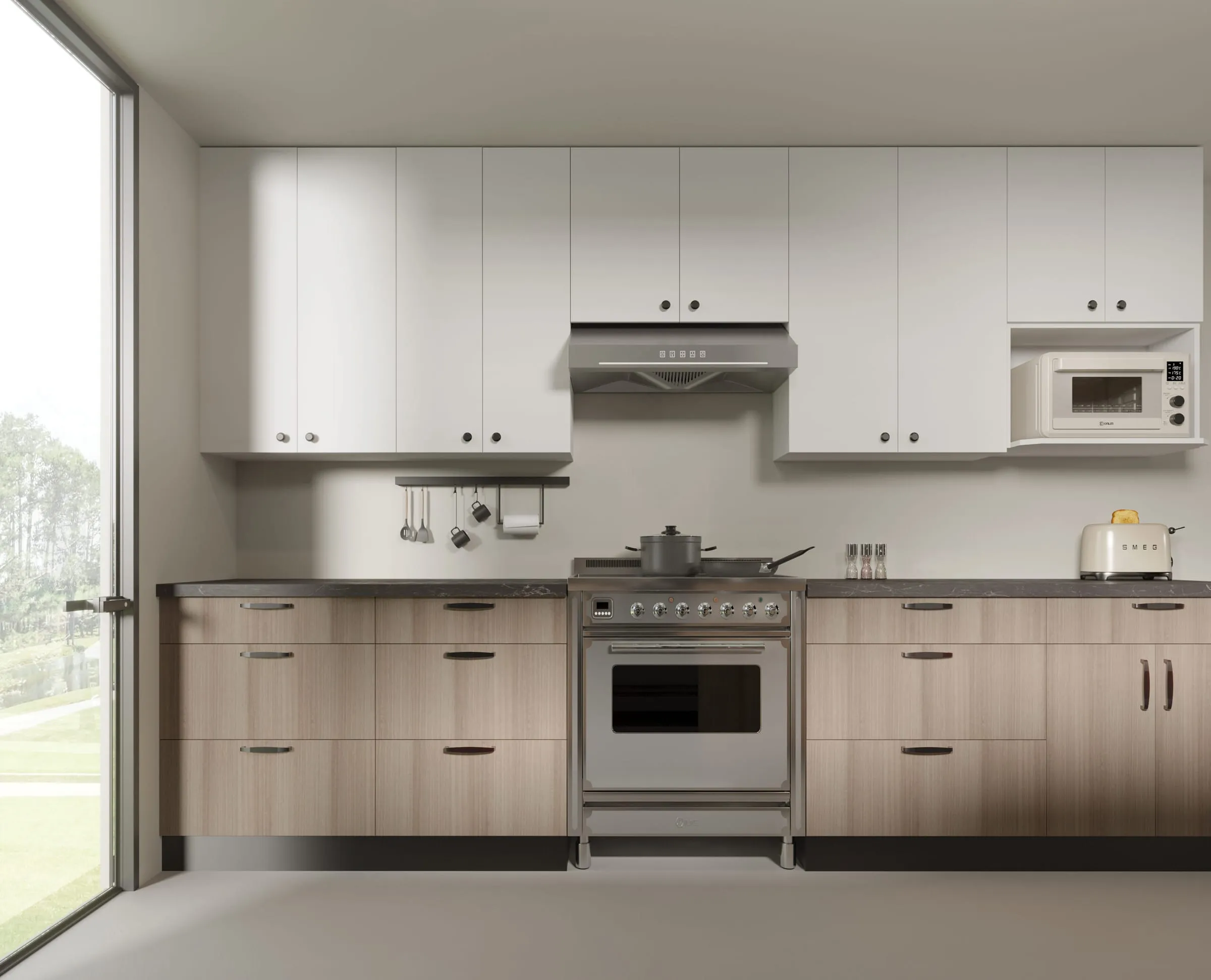 Single-wall kitchen with light walnut lowers, white slab uppers, and a freestanding range