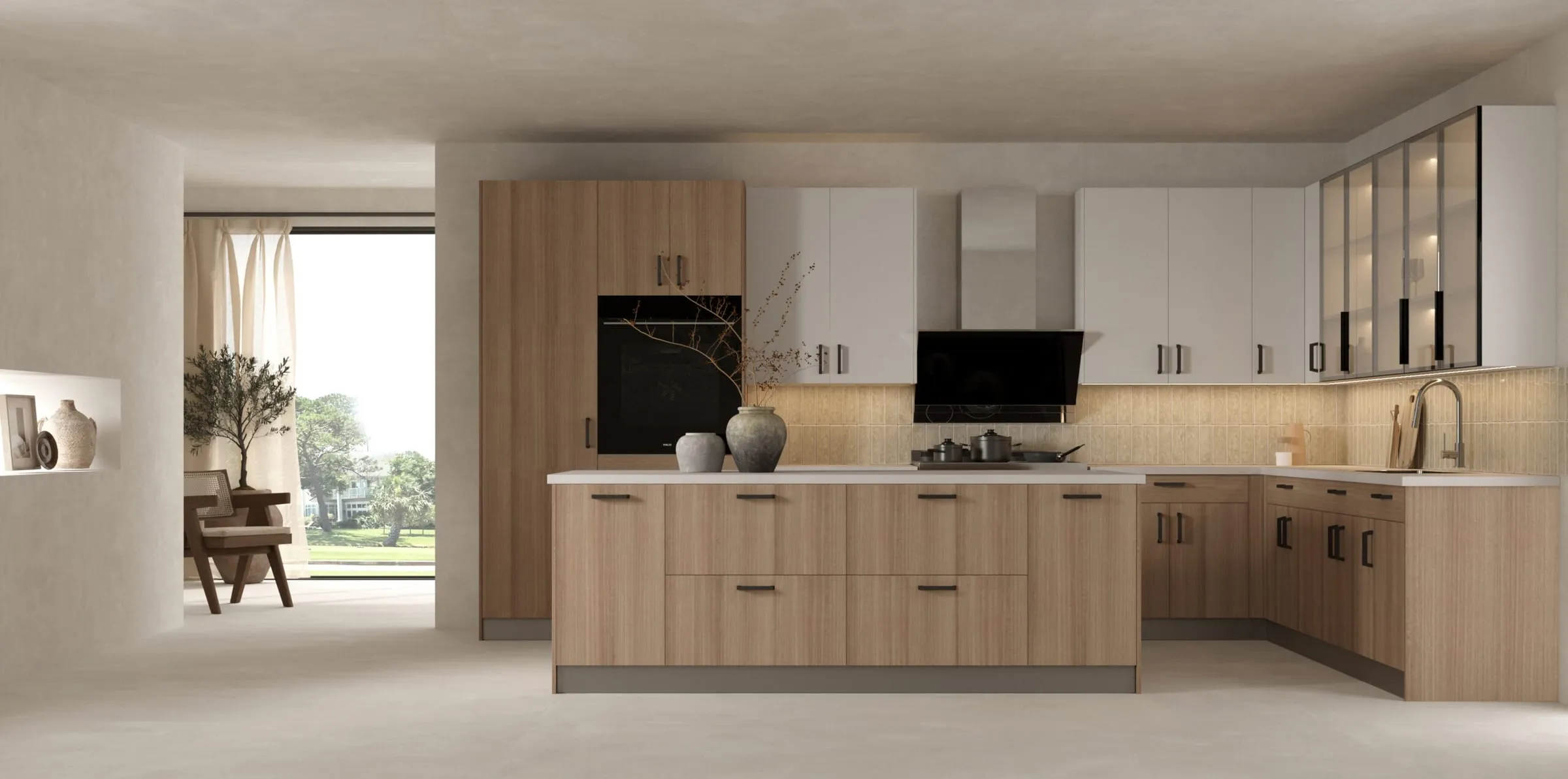 Light walnut island and perimeter with white uppers in a bright minimalist kitchen