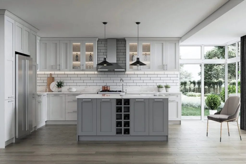 White shaker kitchen with a gray island, white subway backsplash, and black pendants