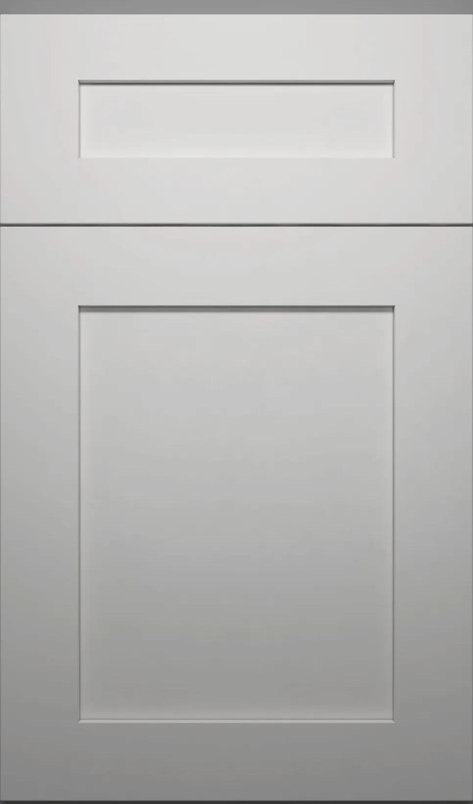 White Shaker frameless door and drawer front on a gray backdrop