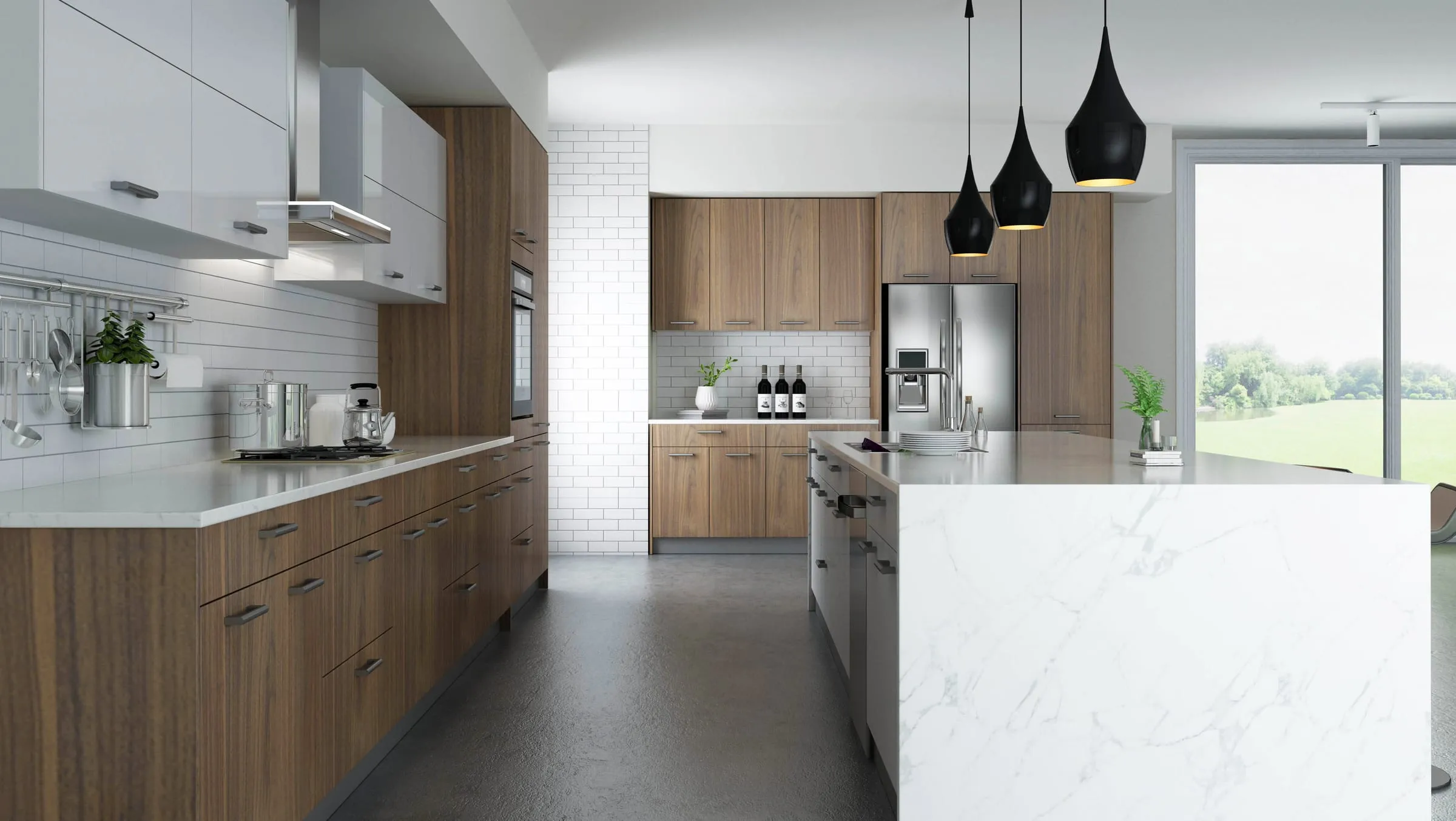 Walnut frameless kitchen with white slab uppers and a marble waterfall island